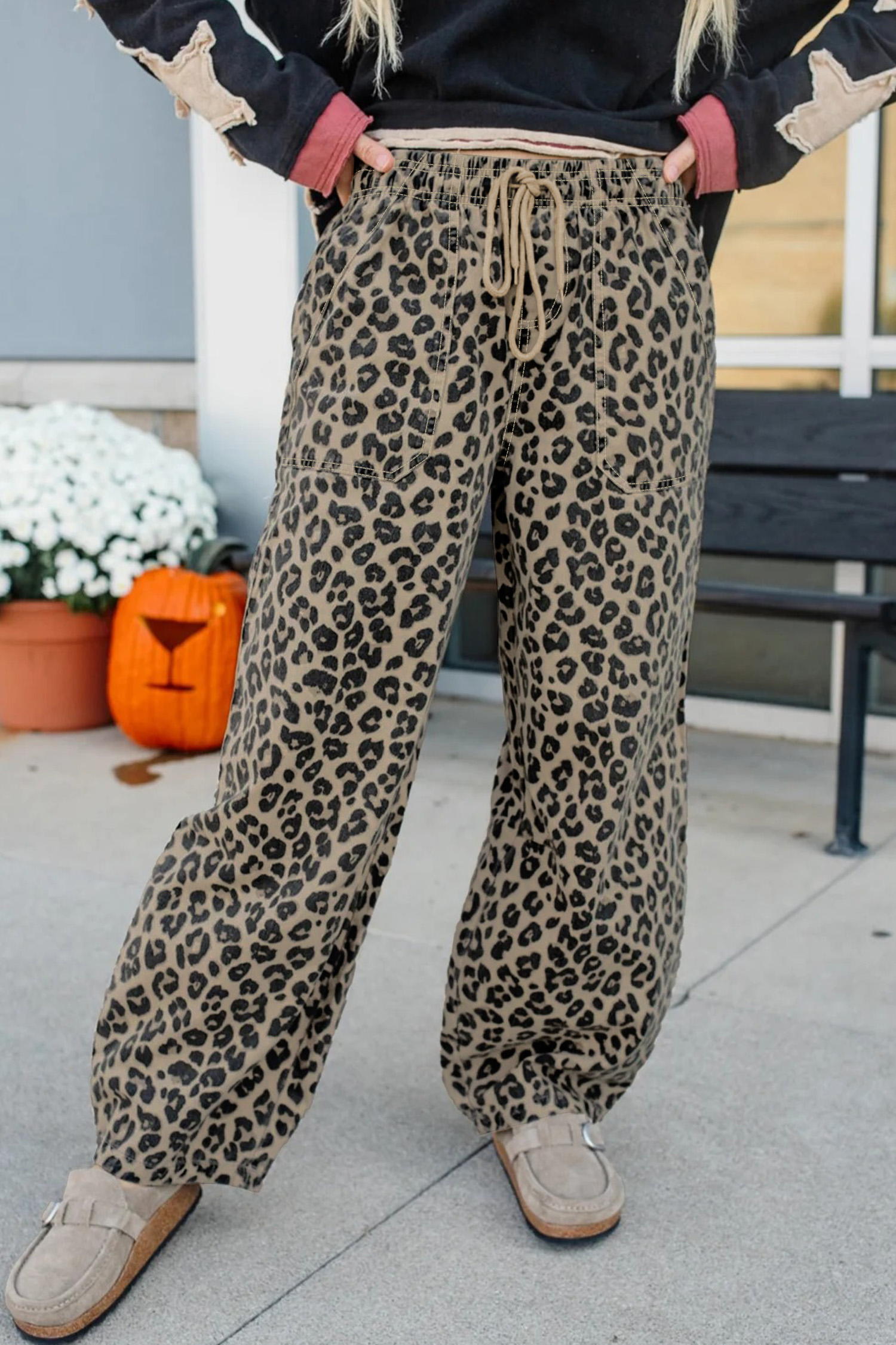 Khaki Leopard Print Drawstring Elastic Waist Loose Denim Pants with Pockets view 10