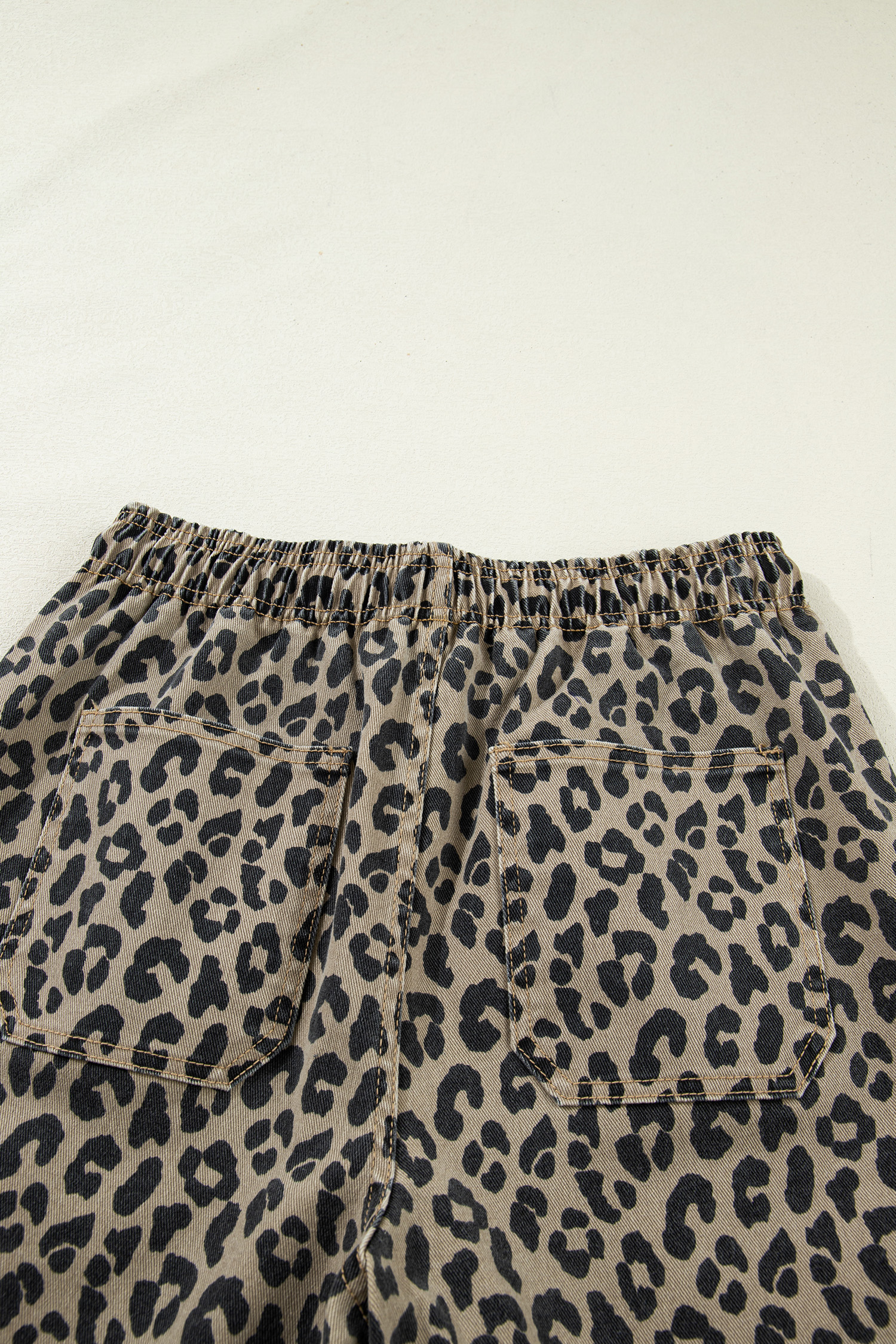 Khaki Leopard Print Drawstring Elastic Waist Loose Denim Pants with Pockets view 15