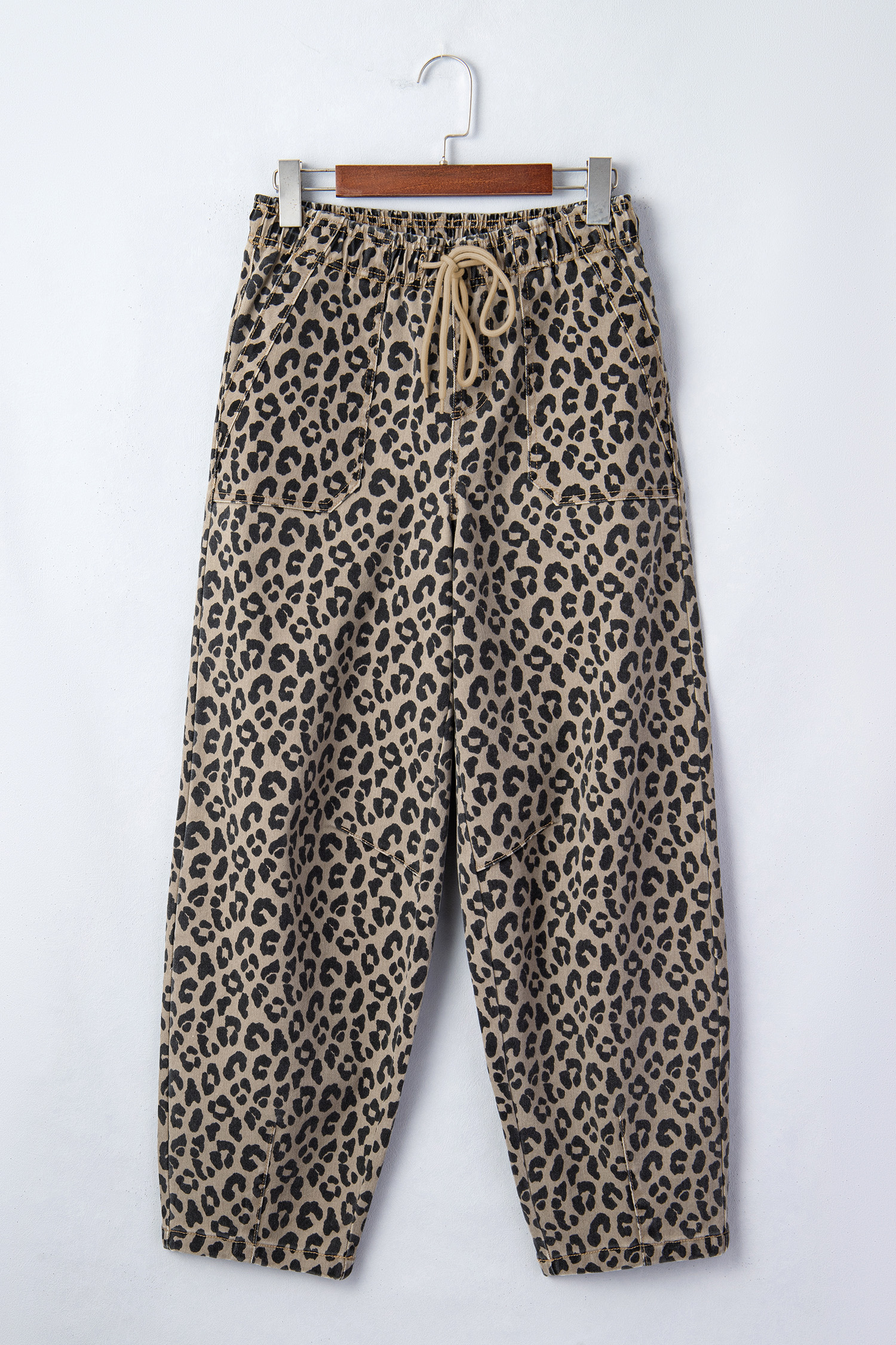 Khaki Leopard Print Drawstring Elastic Waist Loose Denim Pants with Pockets view 11