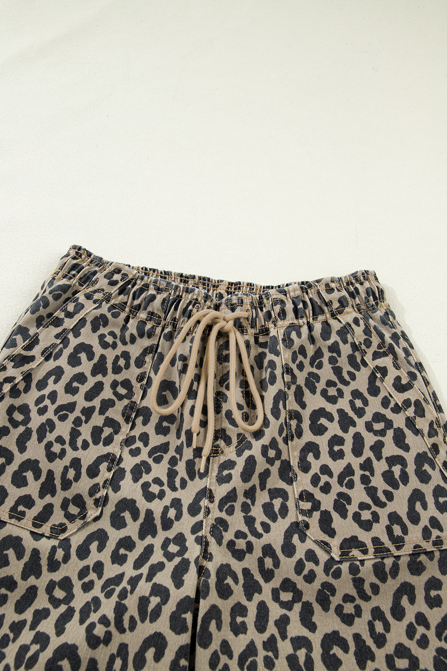 Khaki Leopard Print Drawstring Elastic Waist Loose Denim Pants with Pockets view 20