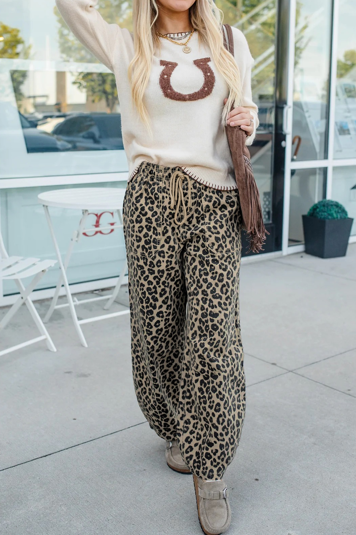 Khaki Leopard Print Drawstring Elastic Waist Loose Denim Pants with Pockets view 9