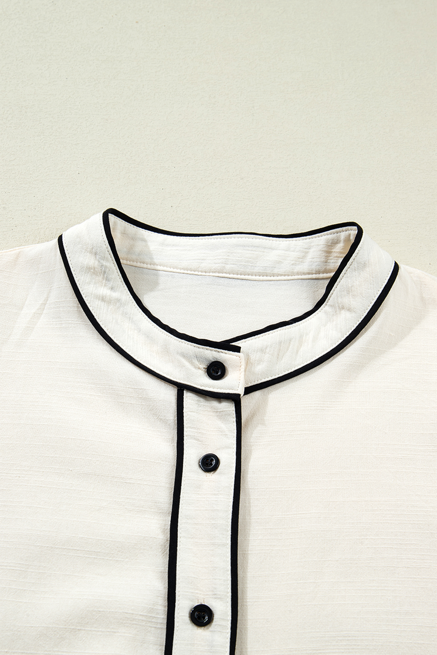 Beige Contrast Color Trim Button Down Long Puff Sleeve Shirt view 4