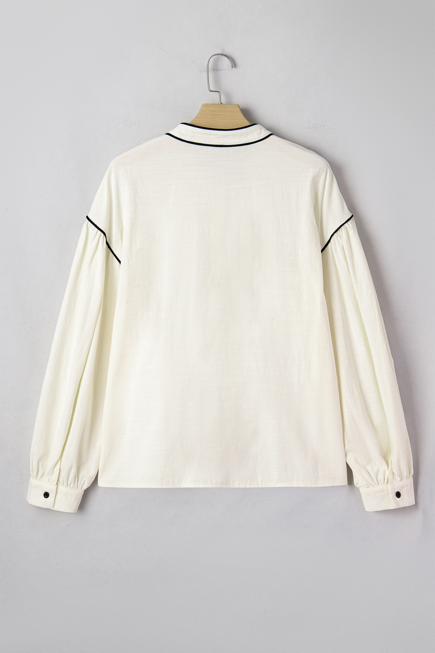 Beige Contrast Color Trim Button Down Long Puff Sleeve Shirt view 3