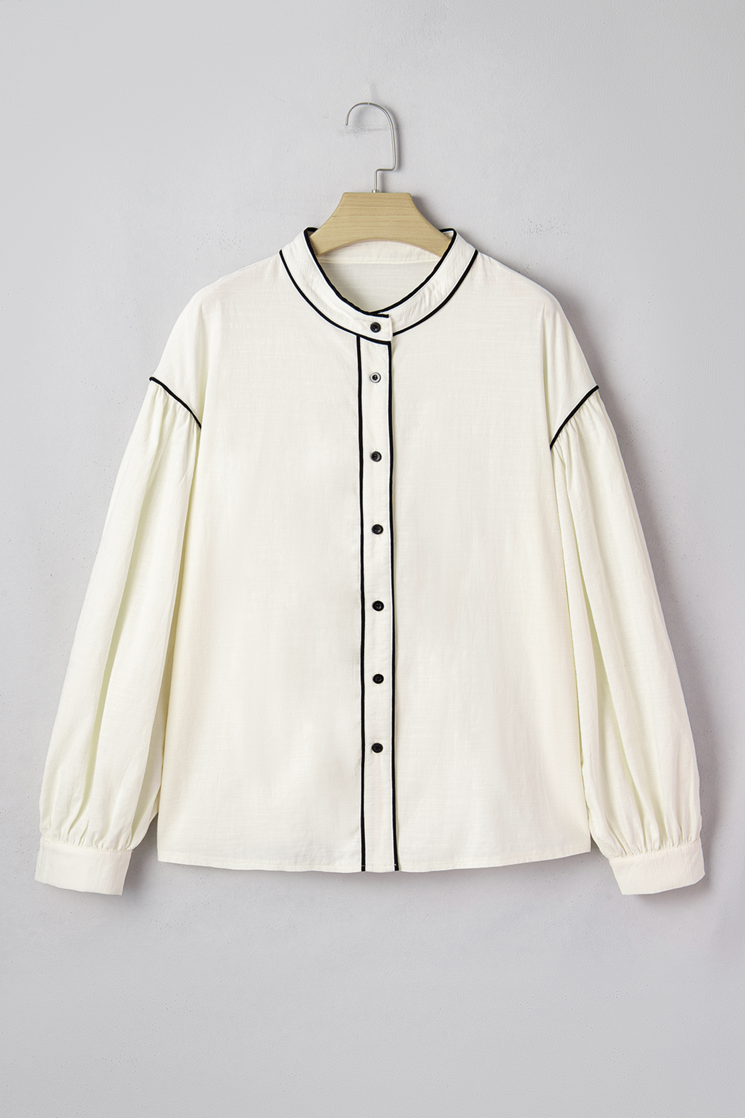 Beige Contrast Color Trim Button Down Long Puff Sleeve Shirt view 2