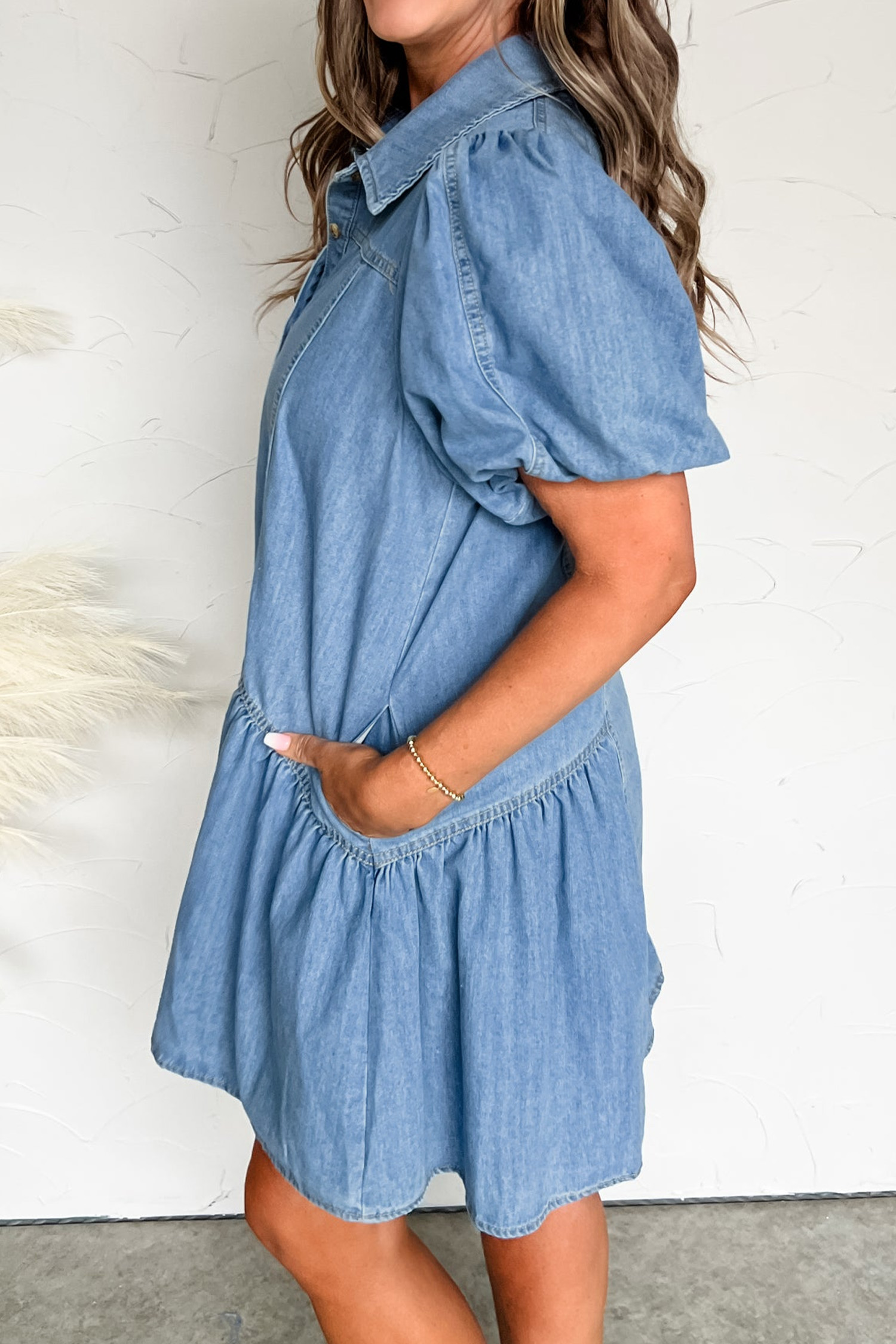 Beau Blue Button Down Short Puff Sleeve Ruffle Hem Patchwork Denim Dress view 11