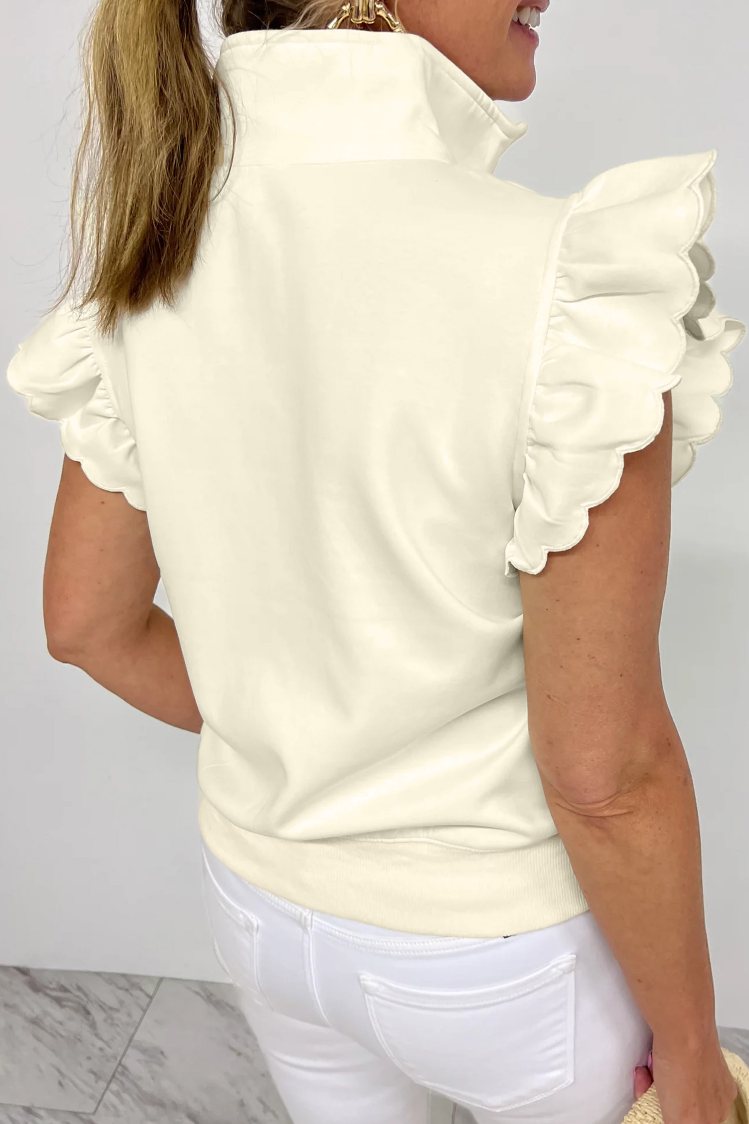 Beige Zipped up Collared Ruffled Short Sleeve Blouse view 2