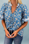 Blue Floral Print Button Tie Neck Striped Detail Short Sleeve Blouse