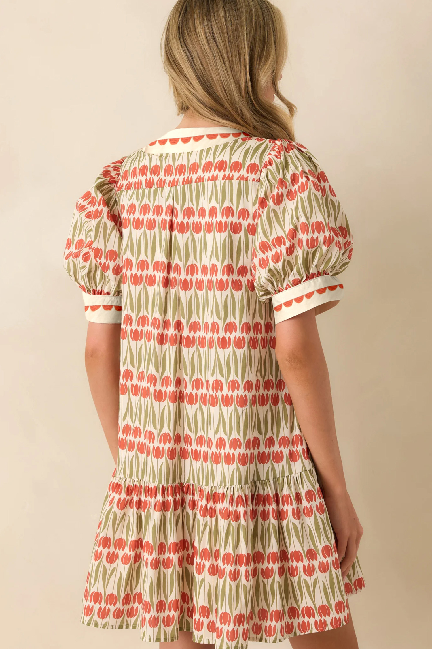 White Tulip Floral Print Cotton Puff Short Sleeve Mini Dress view 2