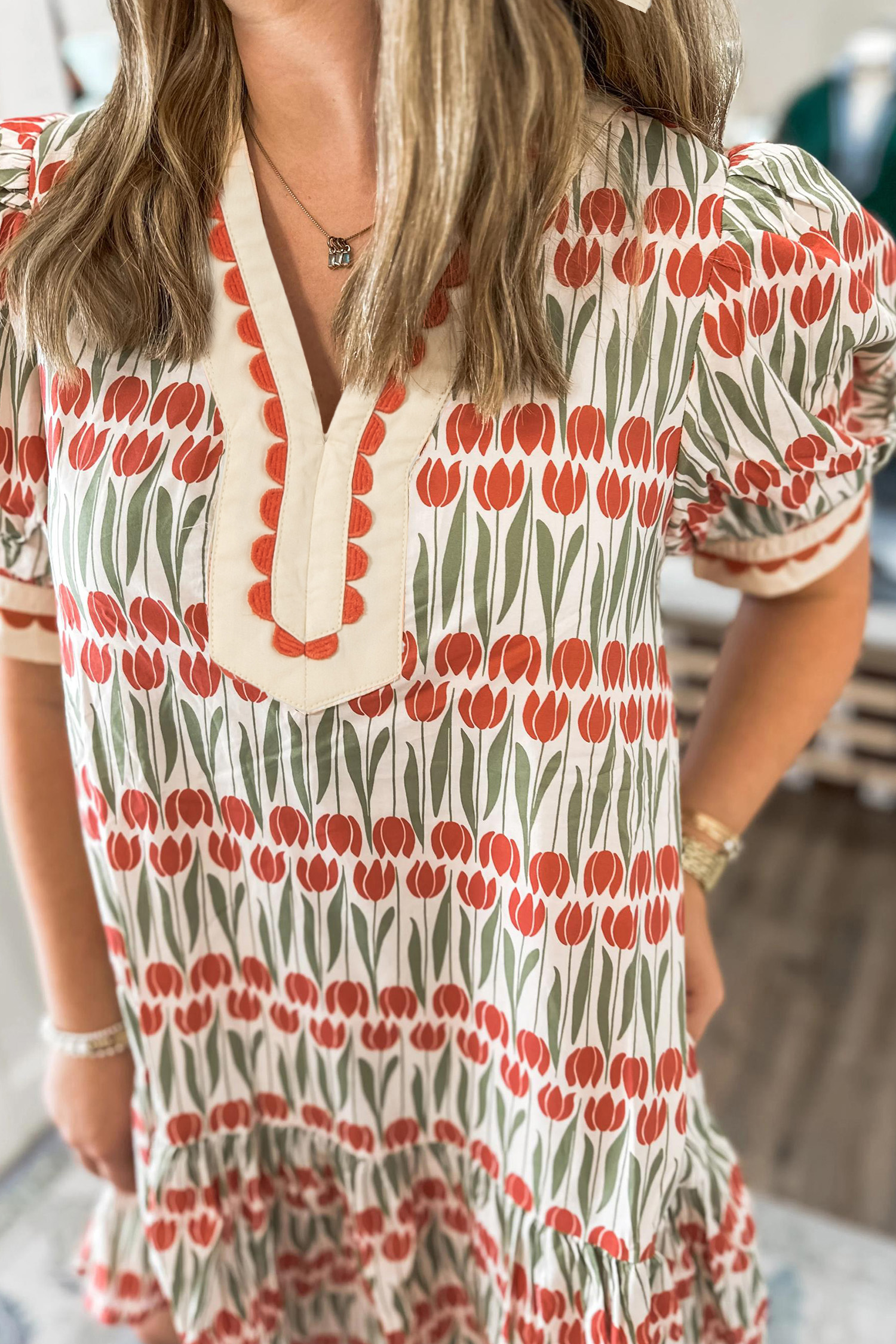 White Tulip Floral Print Cotton Puff Short Sleeve Mini Dress view 4