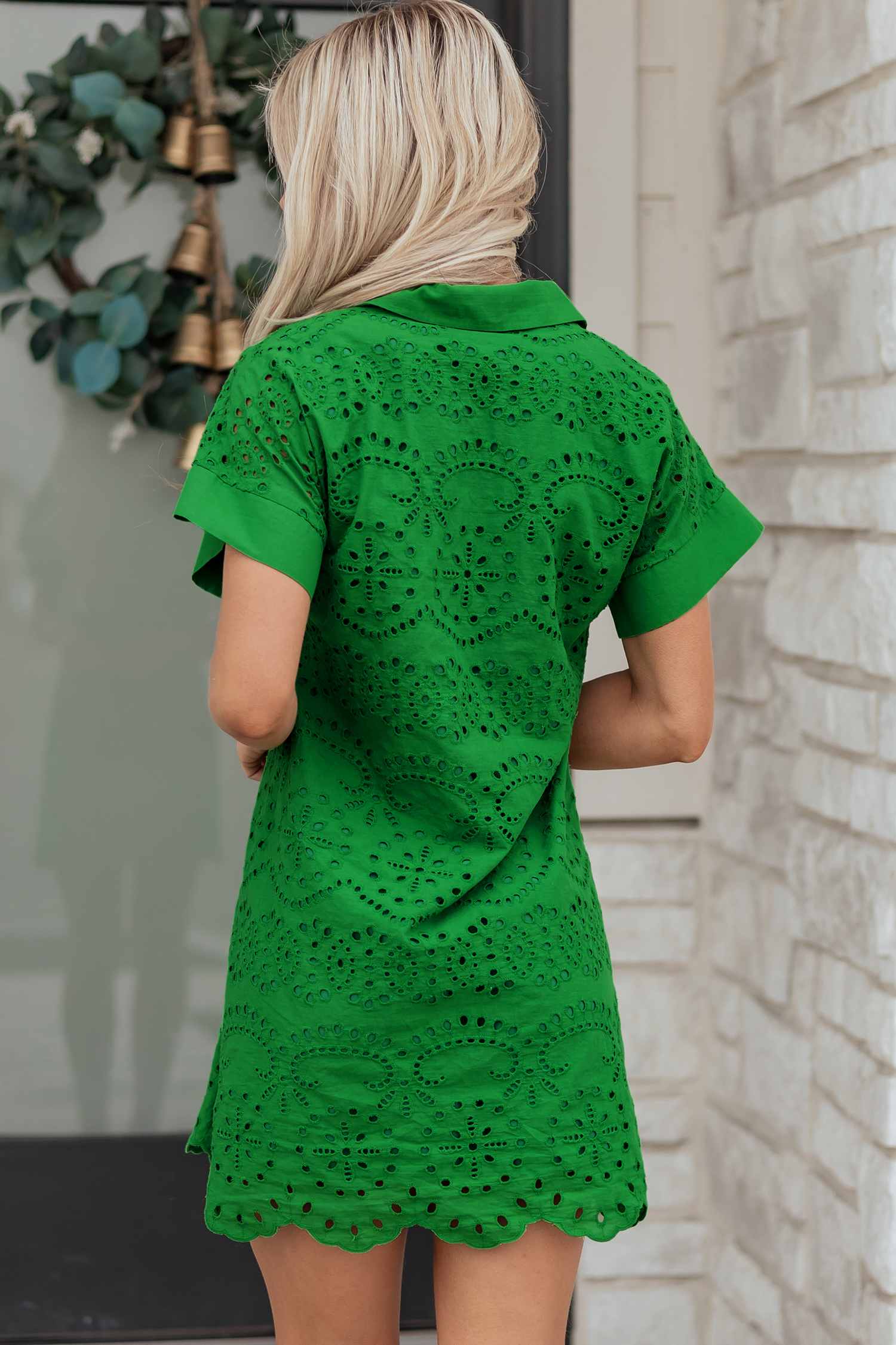 Green Solid Color Eyelet Embroidered T Shirt Mini Dress view 2