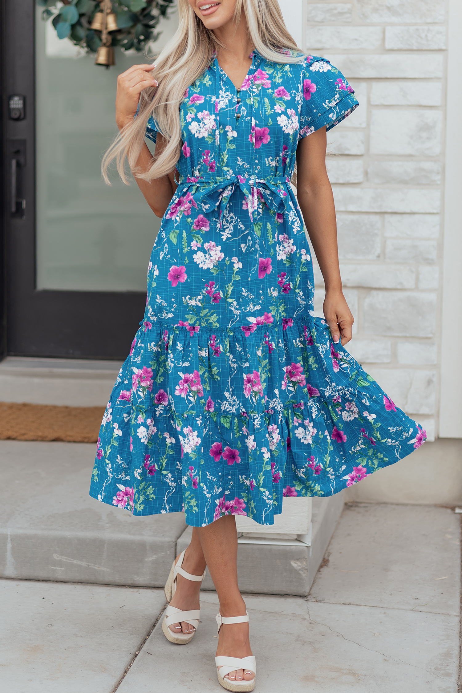 Blue Floral Flutter Sleeve Button Tie Split Neck Belted Long Dress view 14