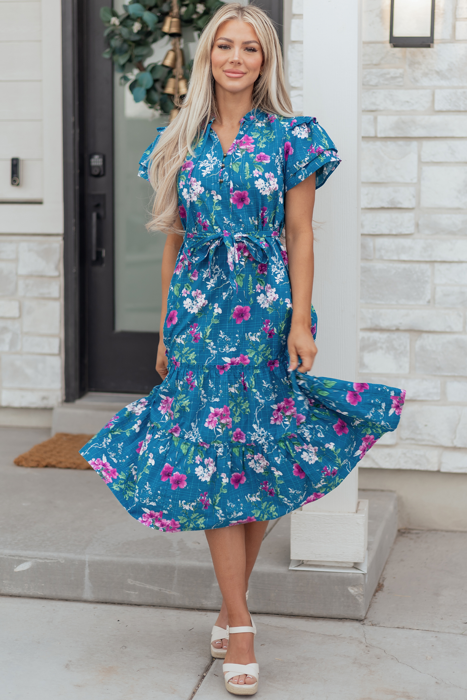 Blue Floral Flutter Sleeve Button Tie Split Neck Belted Long Dress view 6