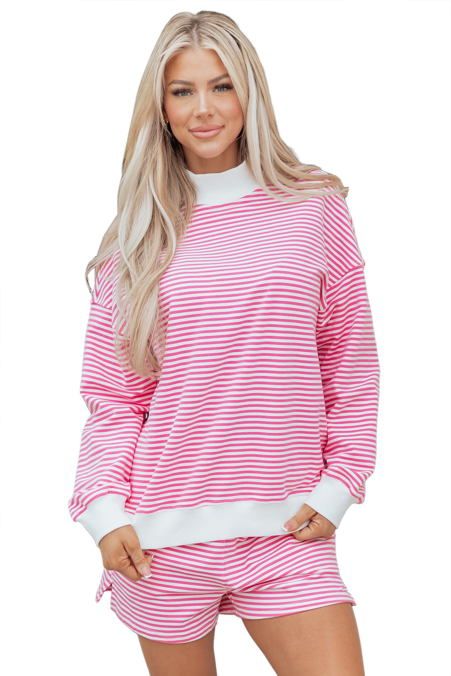 Pink Stripe Oversize Mock Neck Sweatshirt and Shorts Set view 41