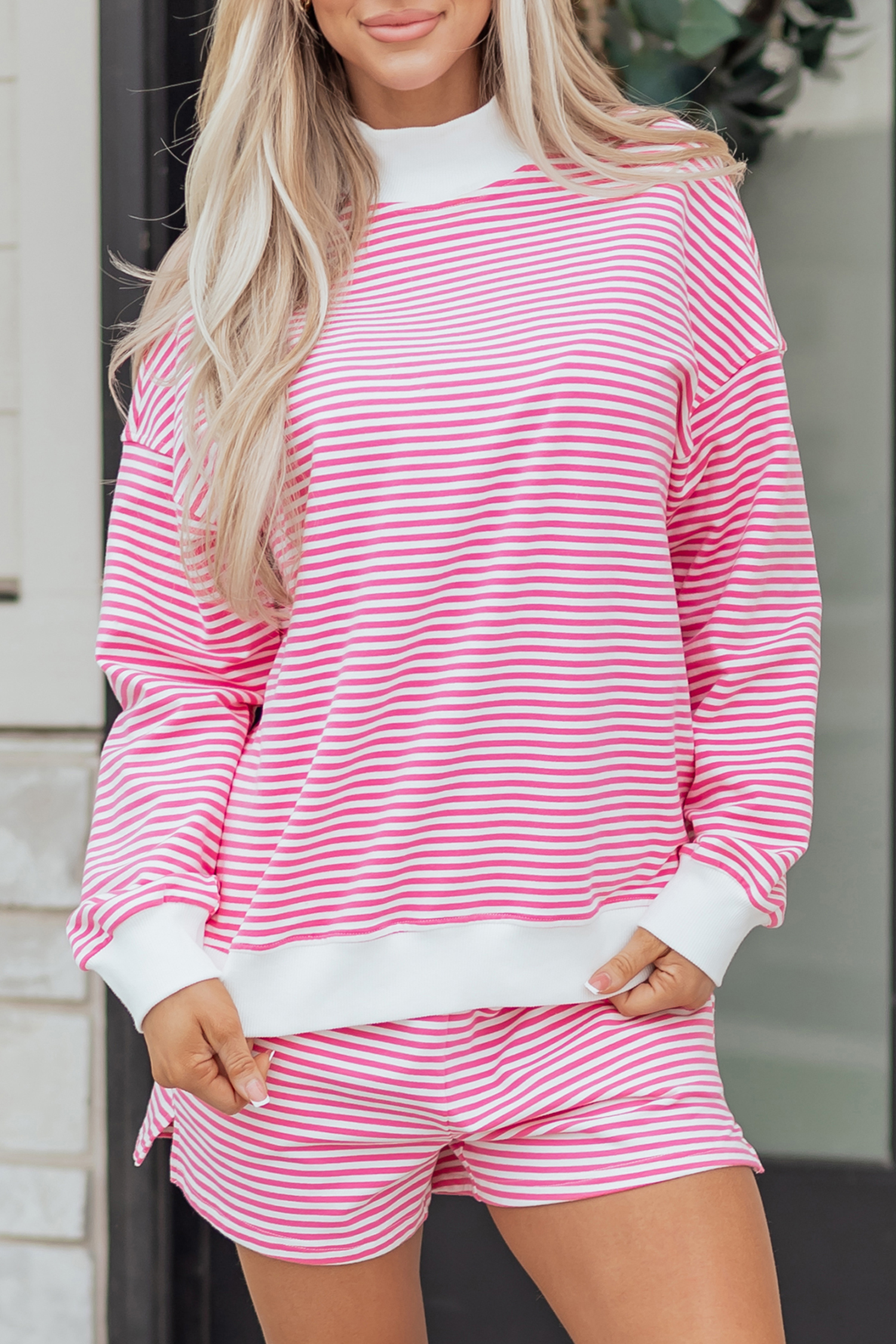 Pink Stripe Oversize Mock Neck Sweatshirt and Shorts Set view 28