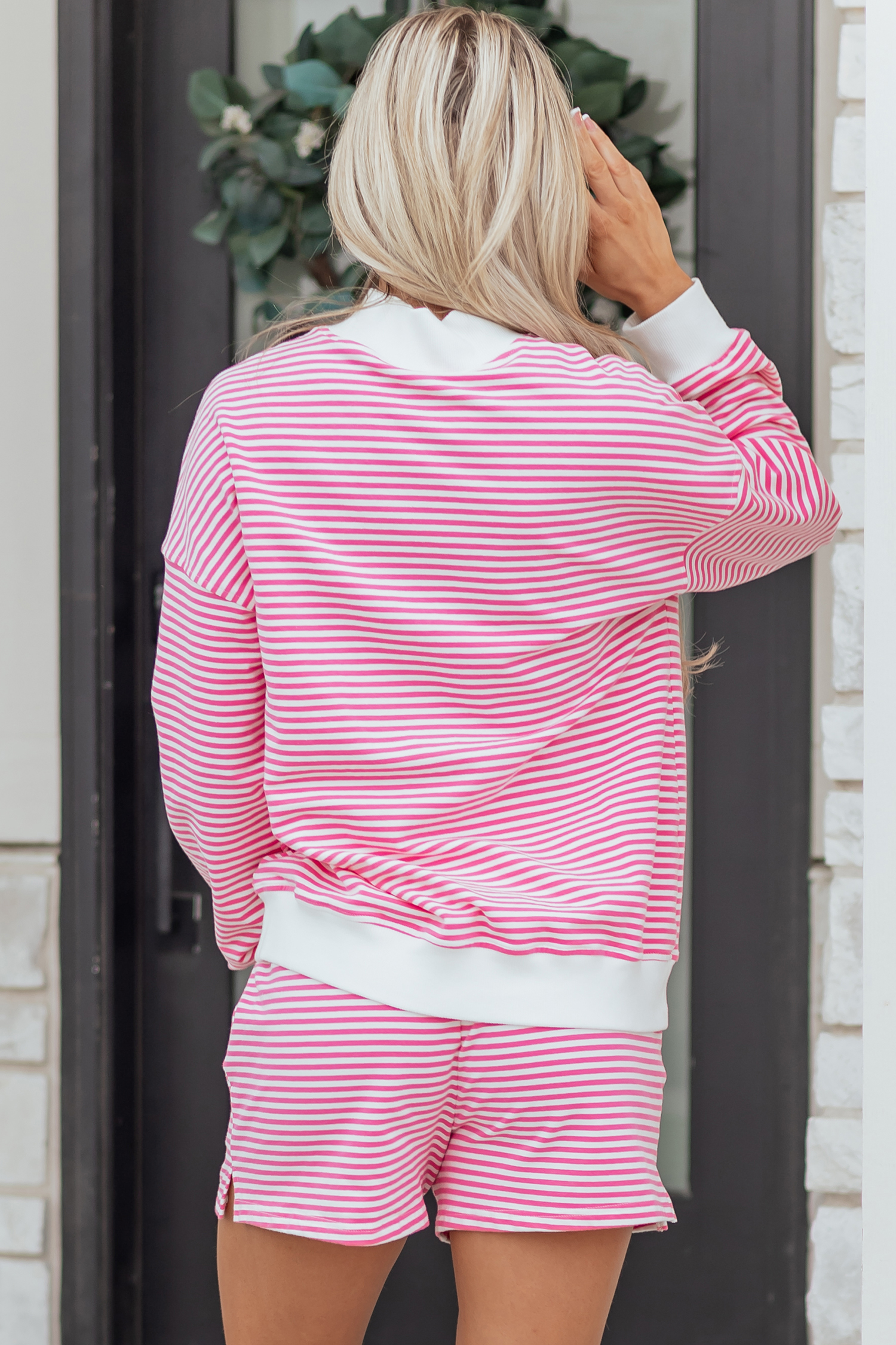 Pink Stripe Oversize Mock Neck Sweatshirt and Shorts Set view 21