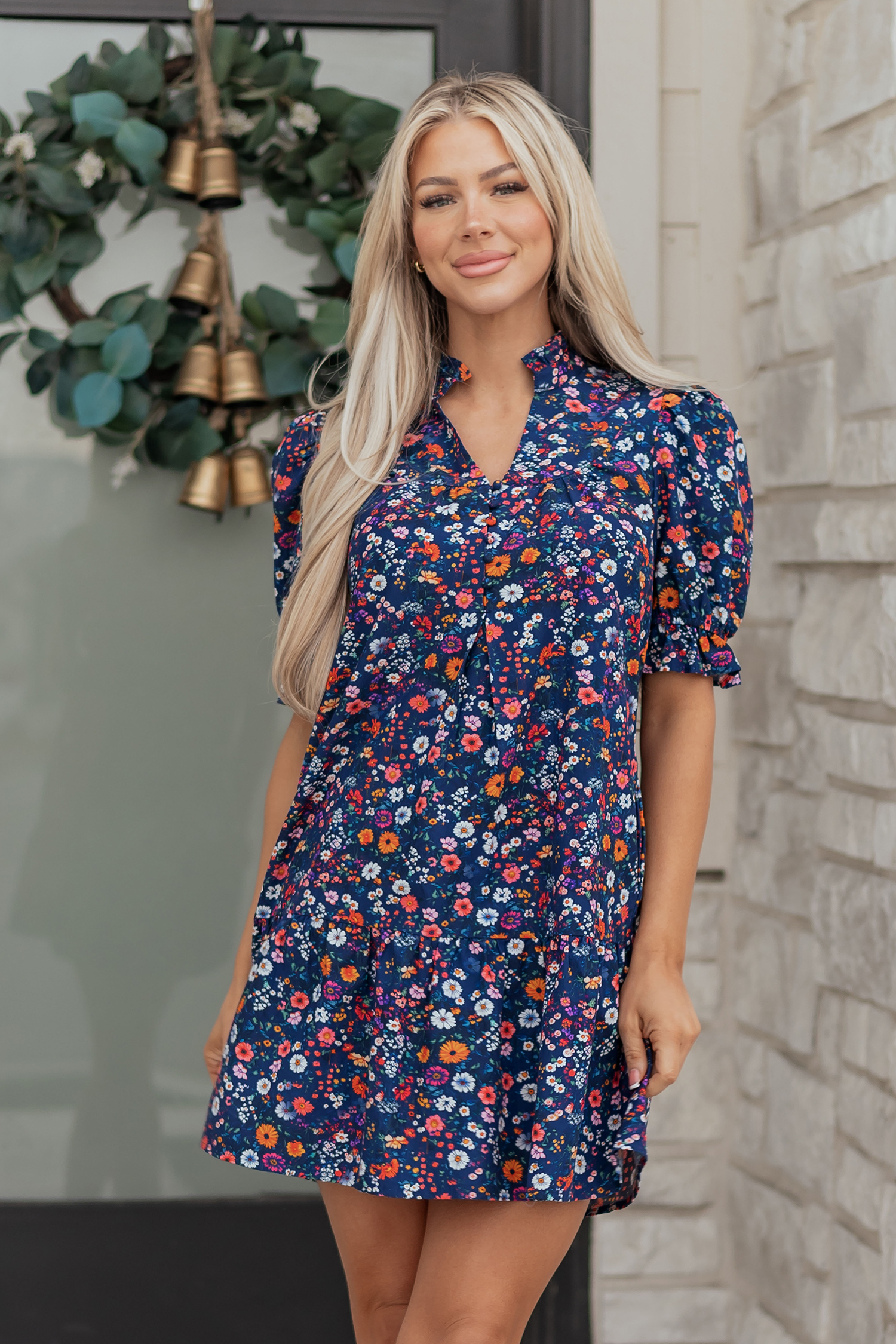 Blue Wild Daisy Floral Split Neck Short Puff Sleeve Mini Dress view 5