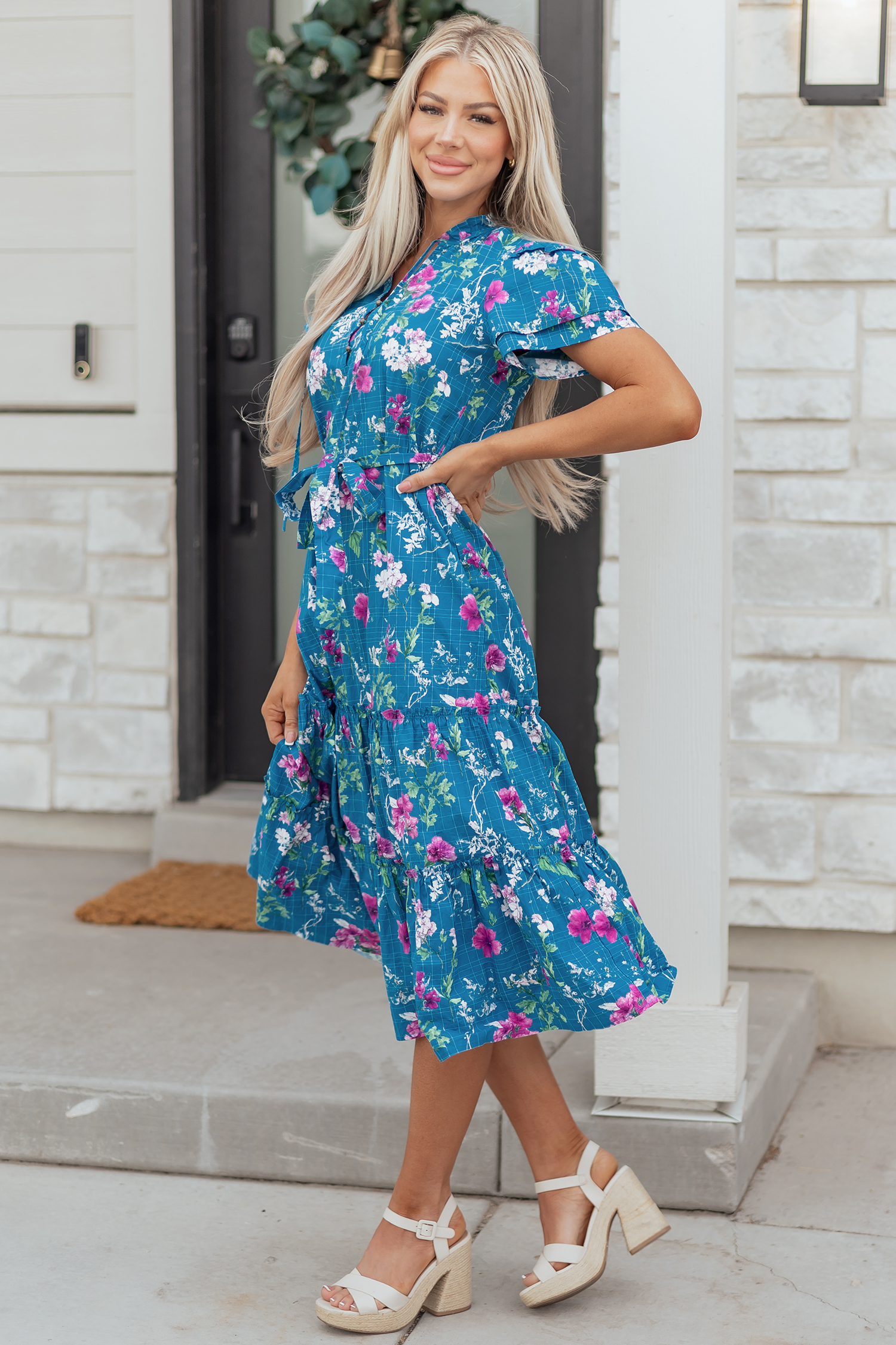 Blue Floral Flutter Sleeve Button Tie Split Neck Belted Long Dress view 9