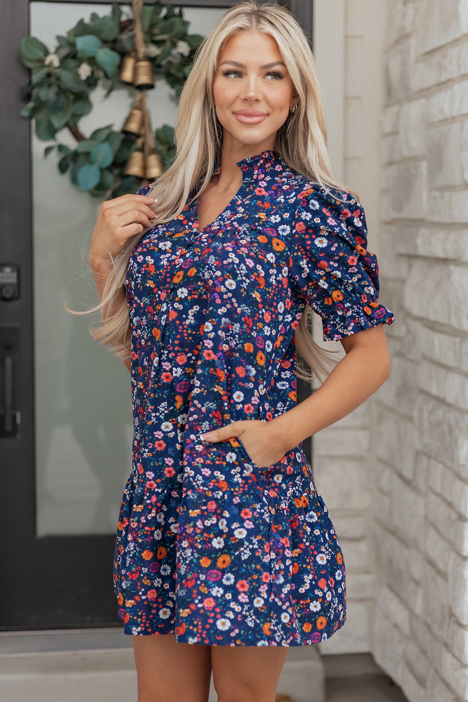 Blue Wild Daisy Floral Split Neck Short Puff Sleeve Mini Dress view 4