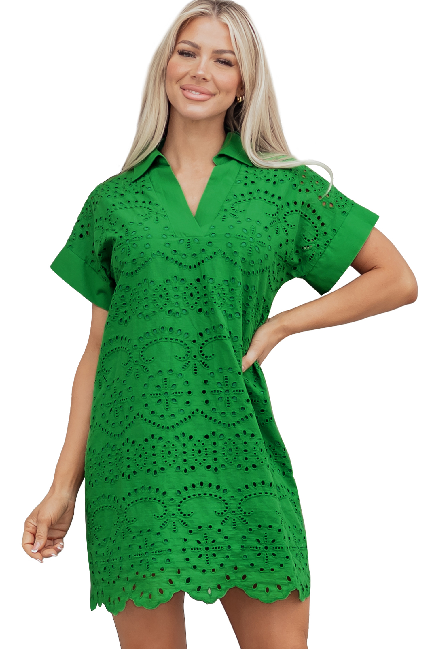 Green Solid Color Eyelet Embroidered T Shirt Mini Dress view 21