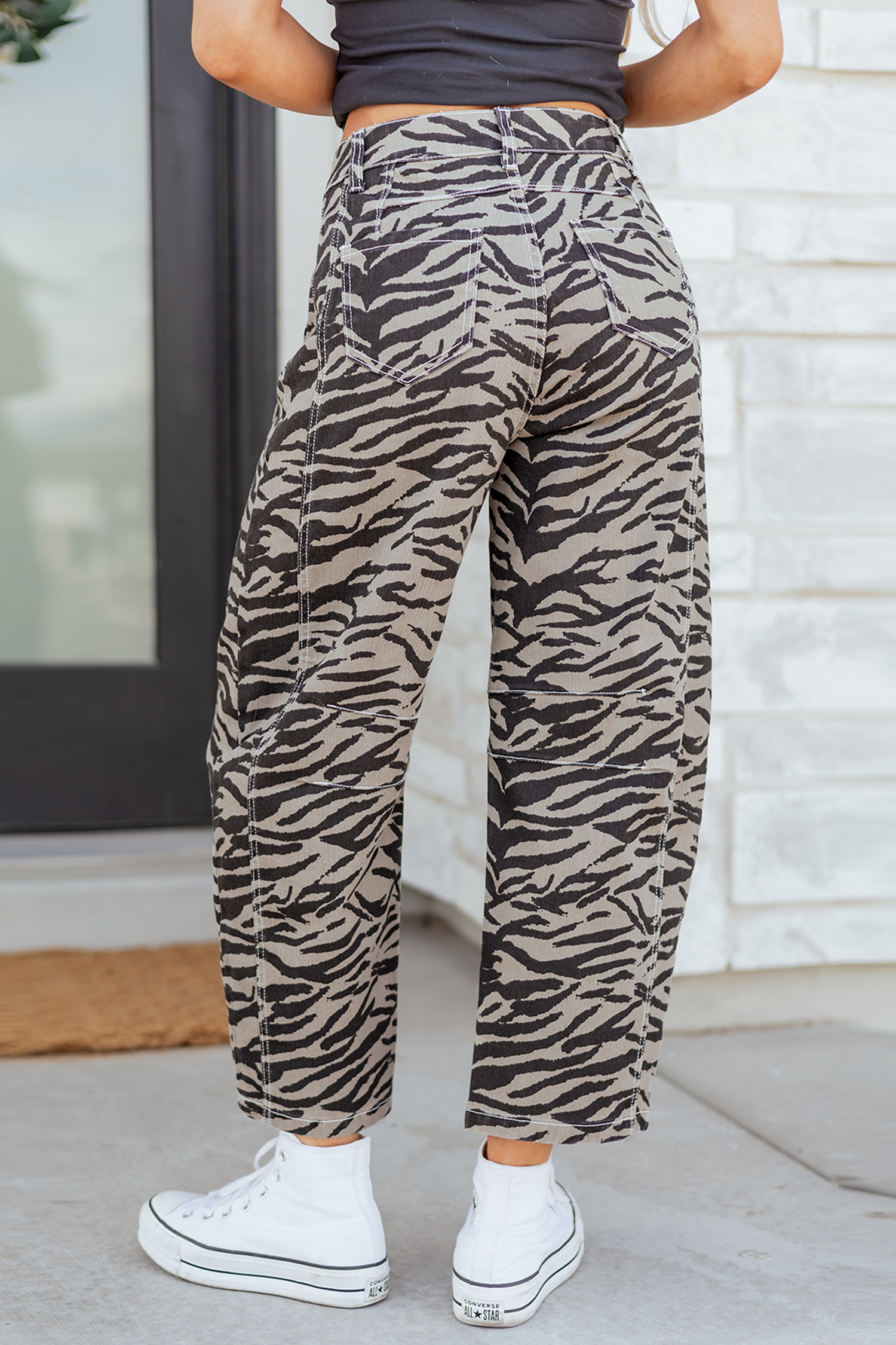 Gray Zebra Stripe Printed Wide Leg Barrel Jeans view 3