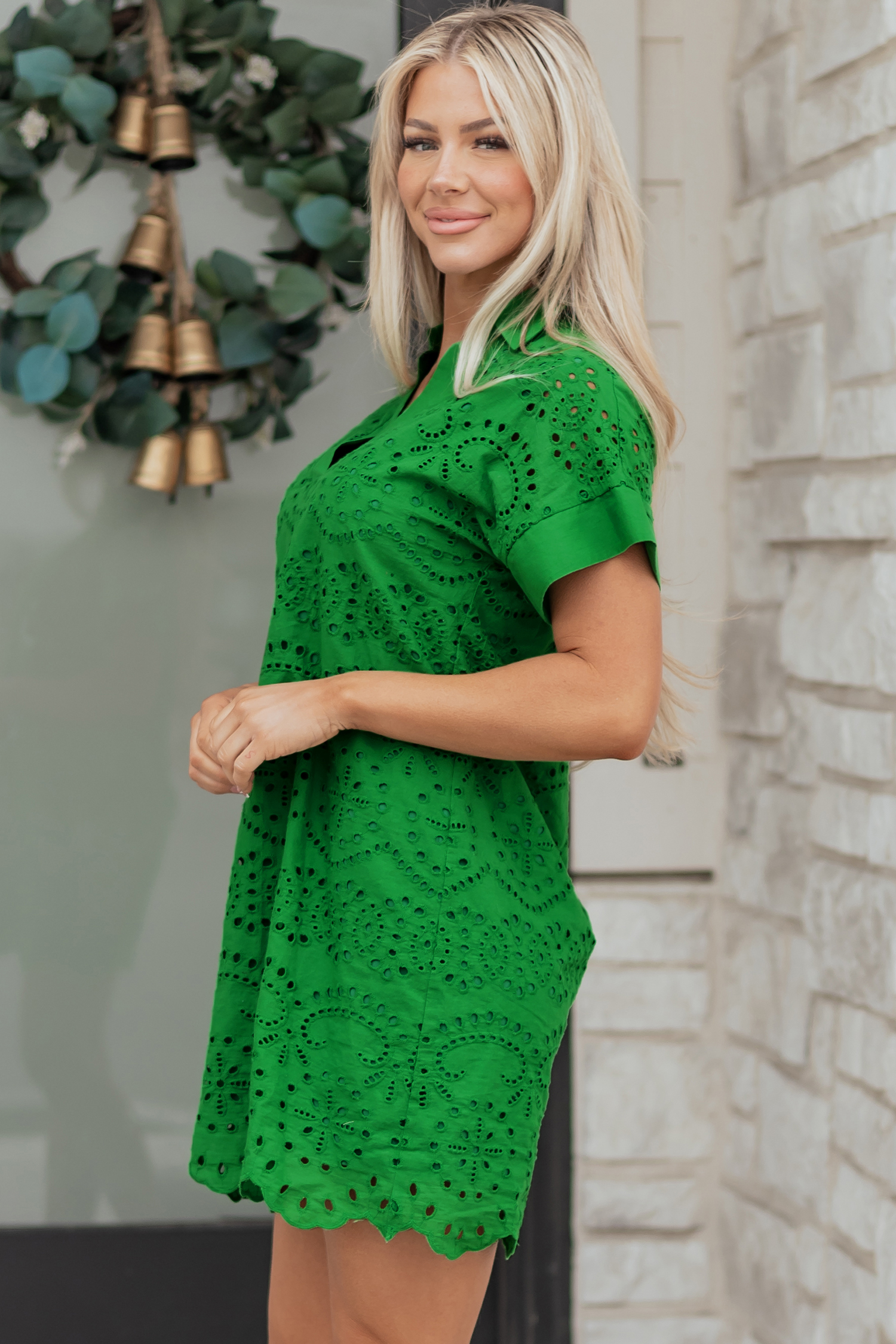 Green Solid Color Eyelet Embroidered T Shirt Mini Dress view 6