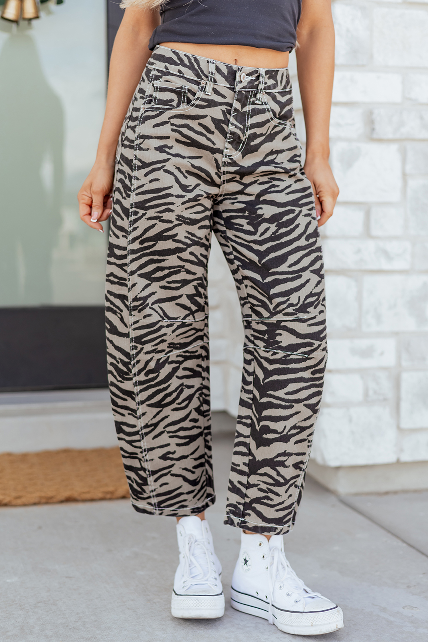 Gray Zebra Stripe Printed Wide Leg Barrel Jeans view 2