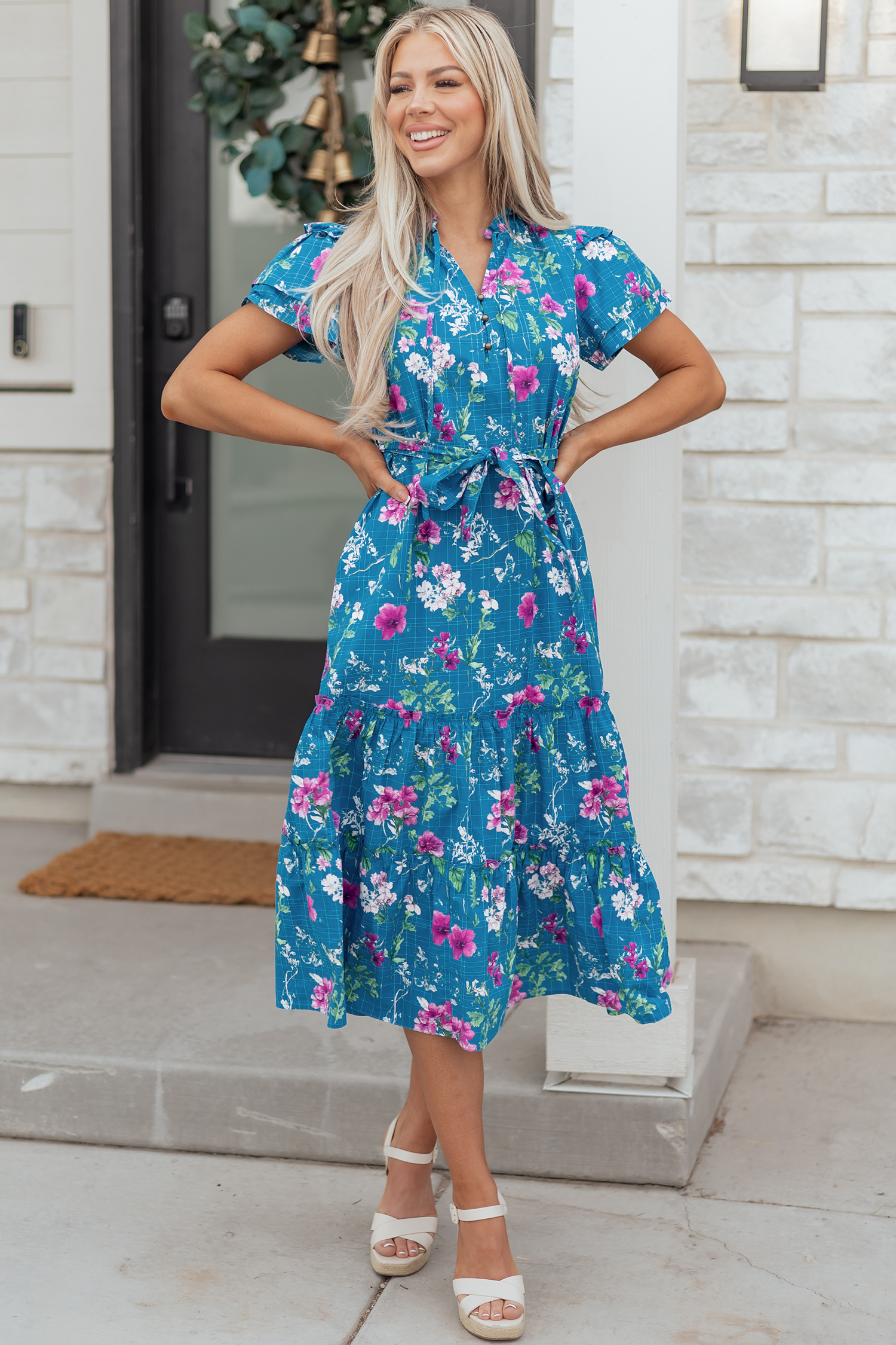 Blue Floral Flutter Sleeve Button Tie Split Neck Belted Long Dress view 4