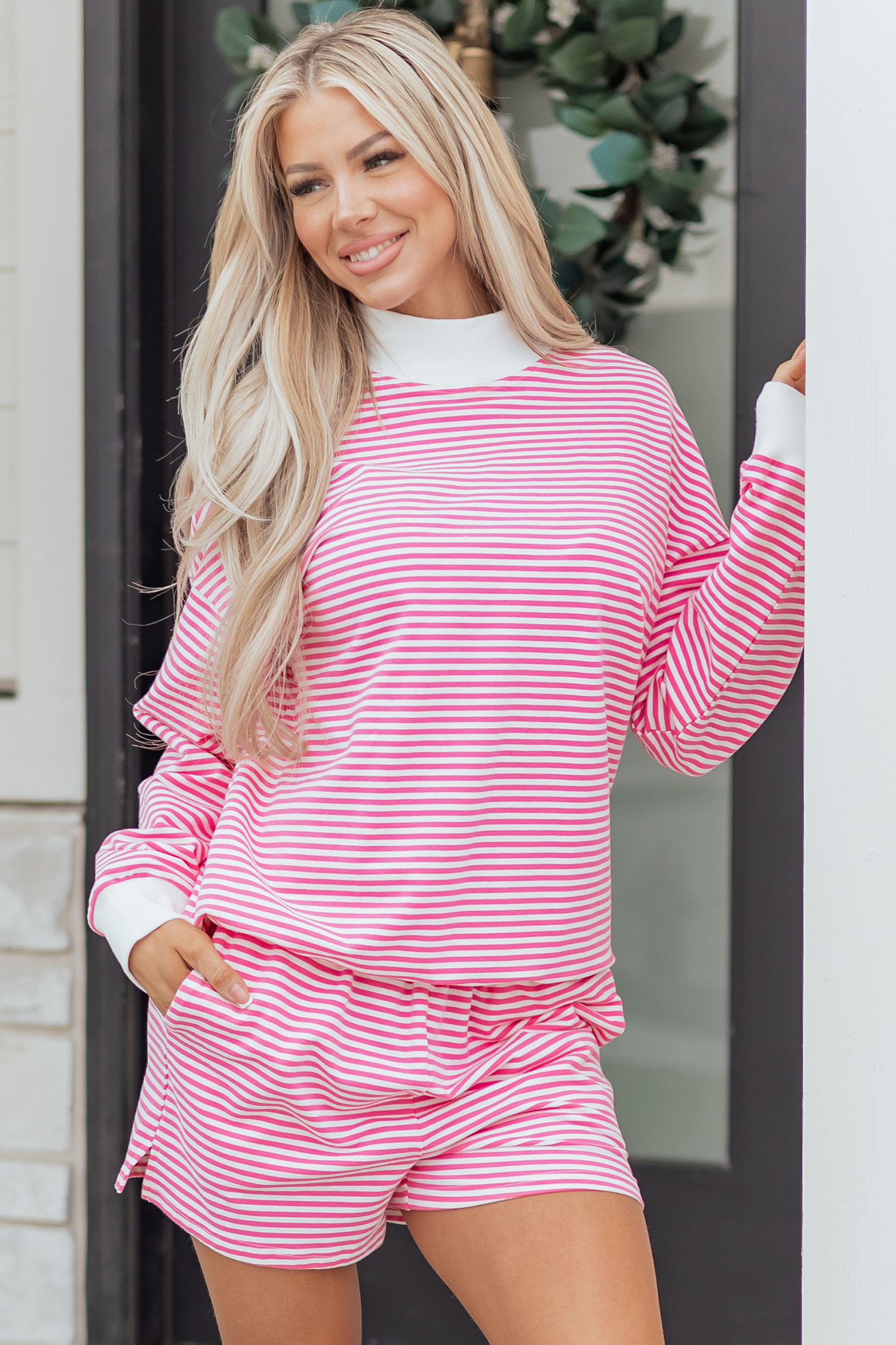 Pink Stripe Oversize Mock Neck Sweatshirt and Shorts Set view 20
