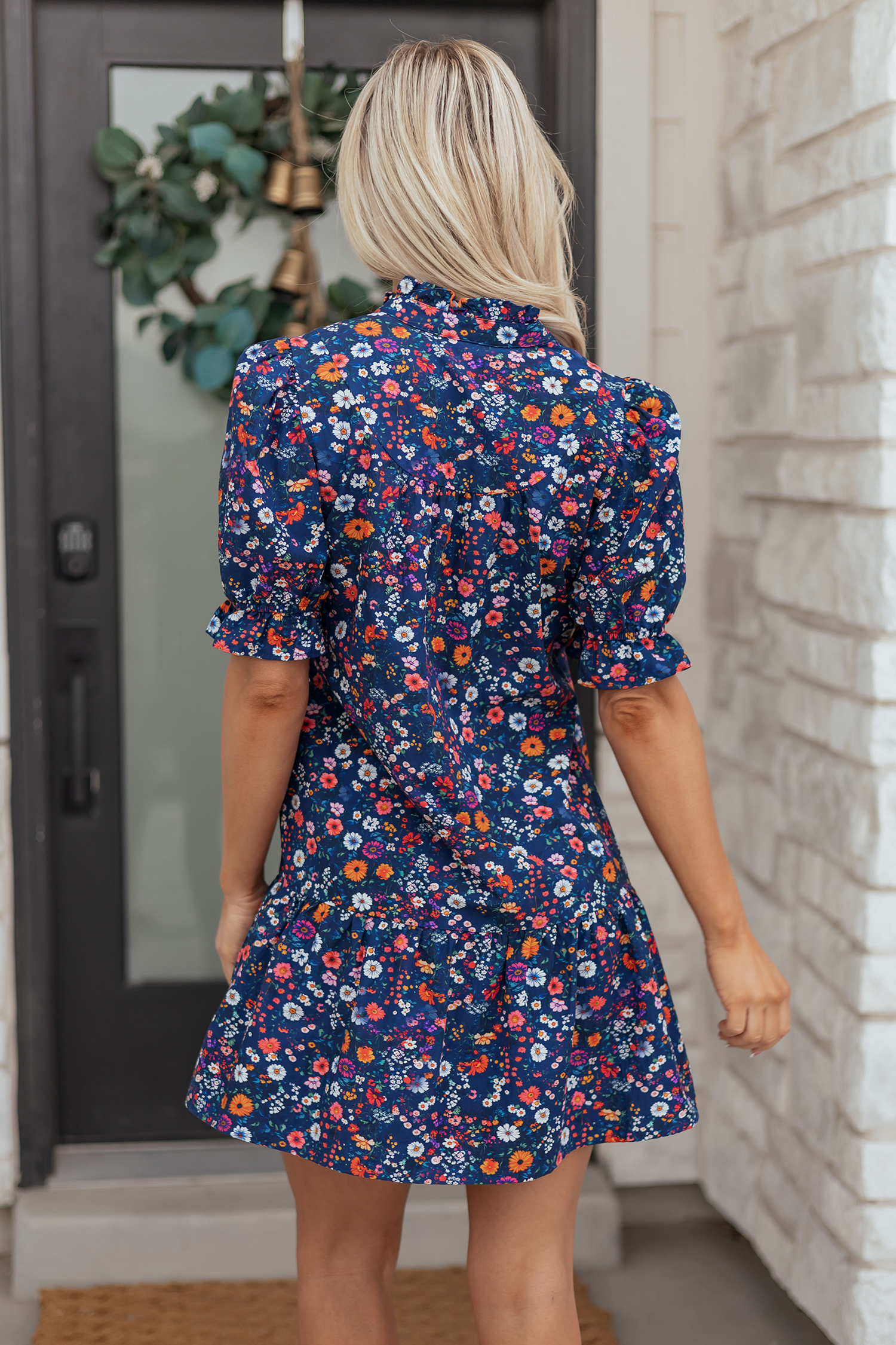 Blue Wild Daisy Floral Split Neck Short Puff Sleeve Mini Dress view 3