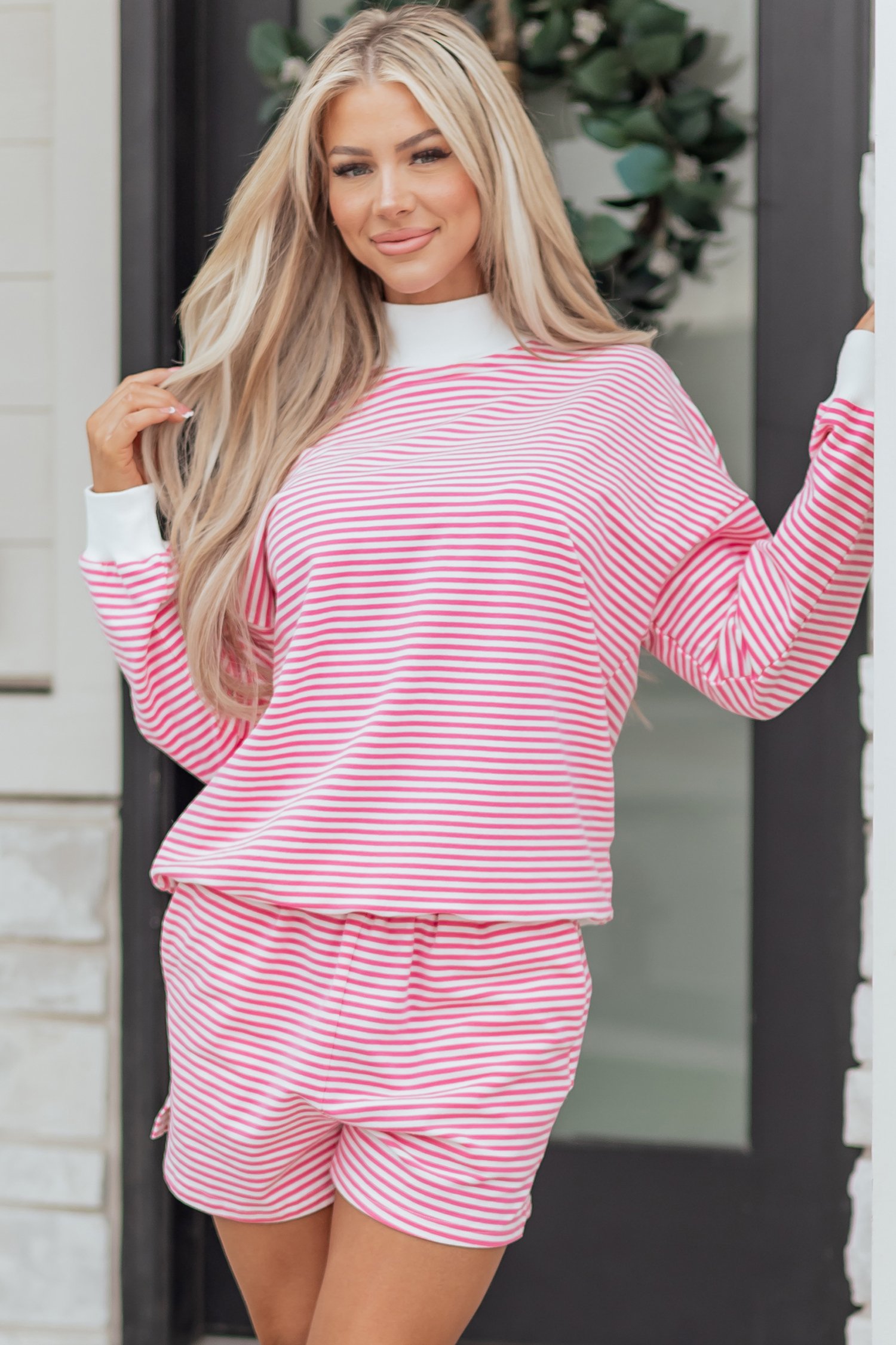 Pink Stripe Oversize Mock Neck Sweatshirt and Shorts Set view 24