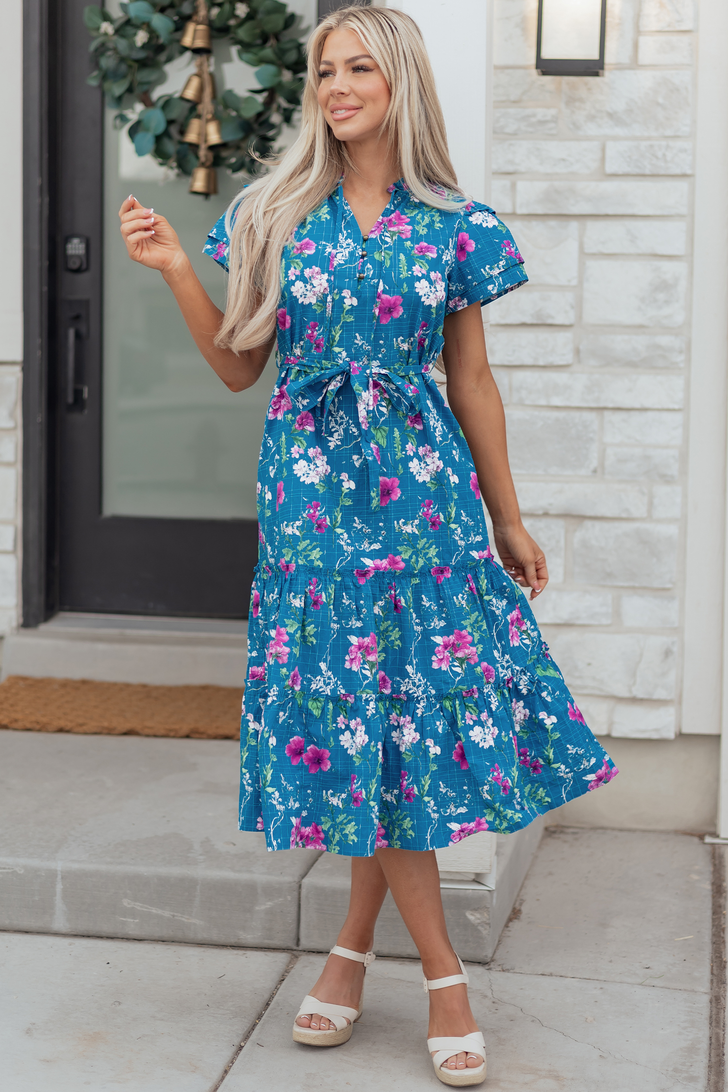Blue Floral Flutter Sleeve Button Tie Split Neck Belted Long Dress view 11