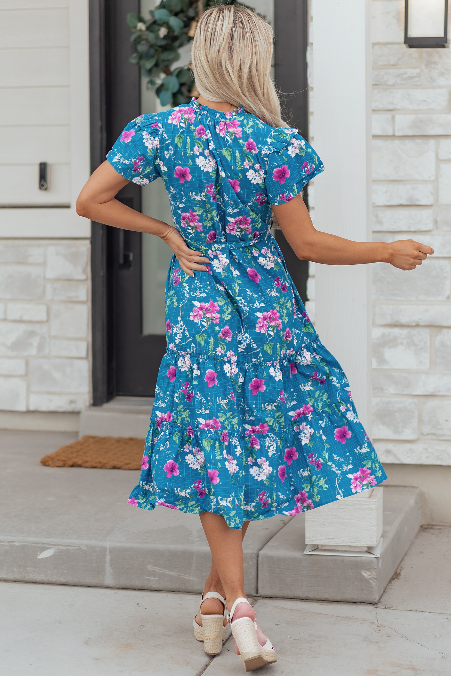 Blue Floral Flutter Sleeve Button Tie Split Neck Belted Long Dress view 8