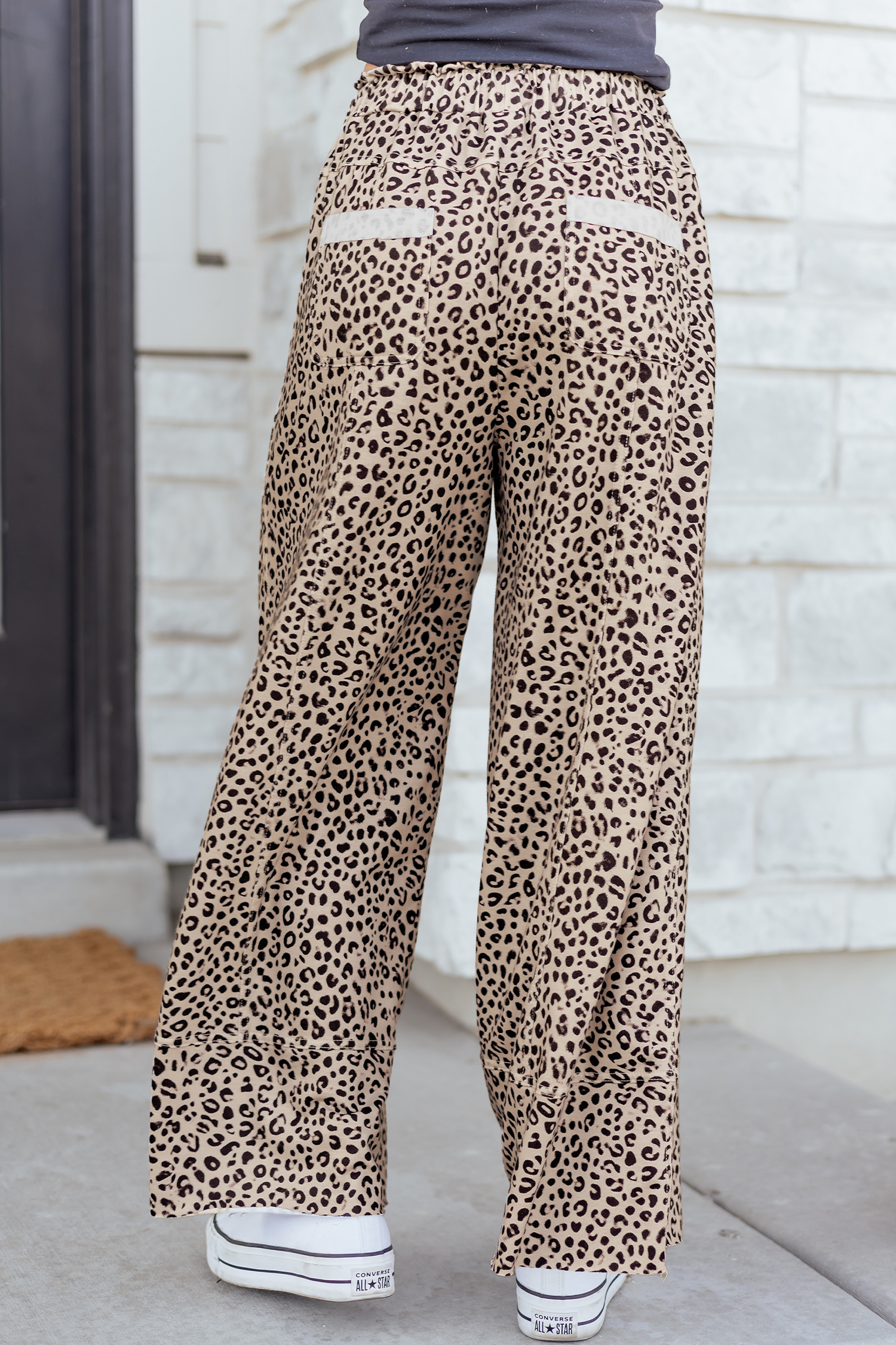 Khaki Animal Print Wide Leg Terry Knit Pants view 4