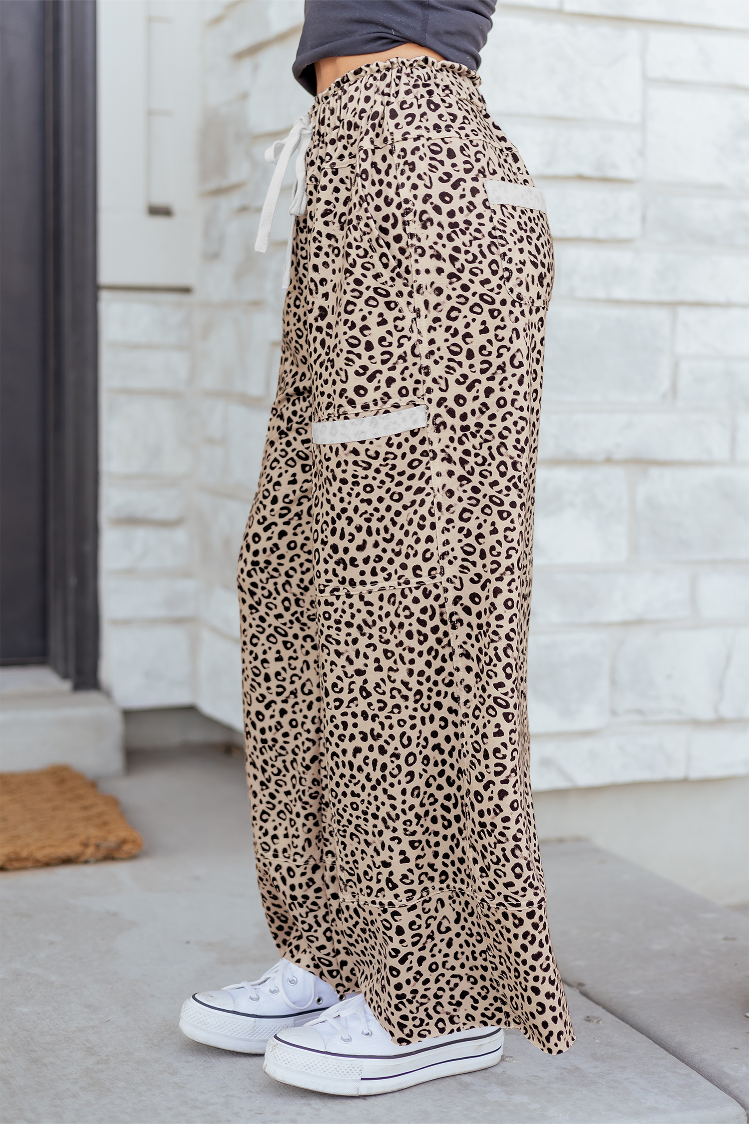 Khaki Animal Print Wide Leg Terry Knit Pants view 5