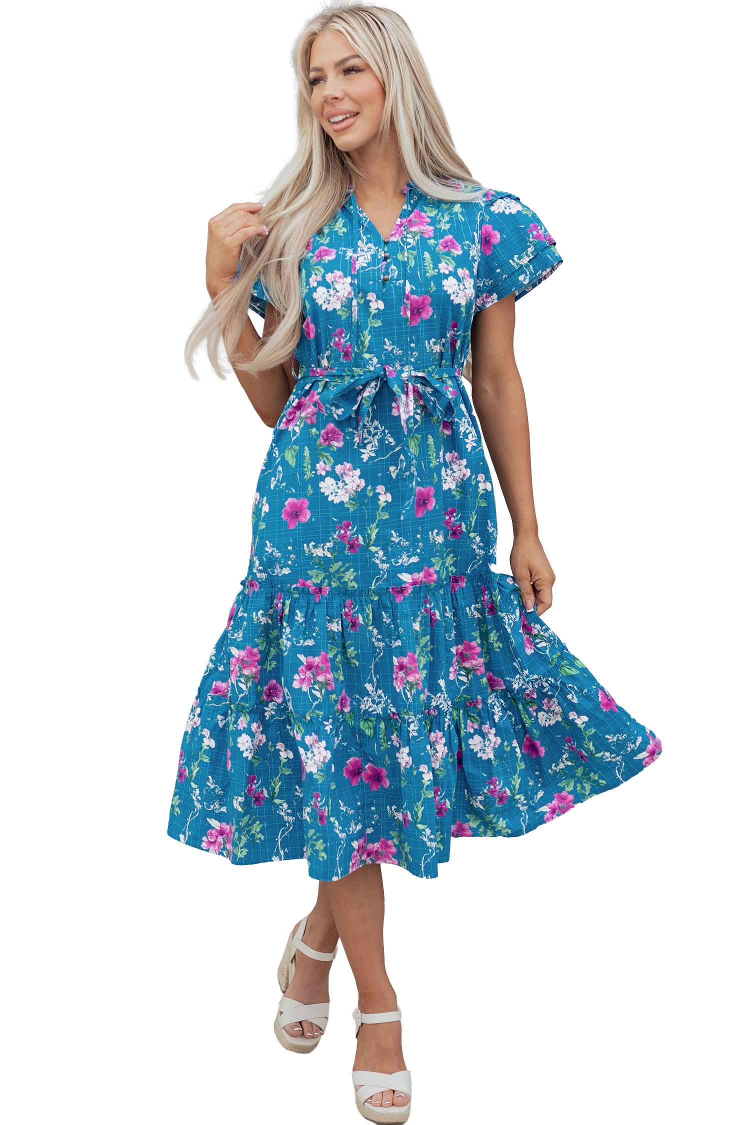 Blue Floral Flutter Sleeve Button Tie Split Neck Belted Long Dress view 26