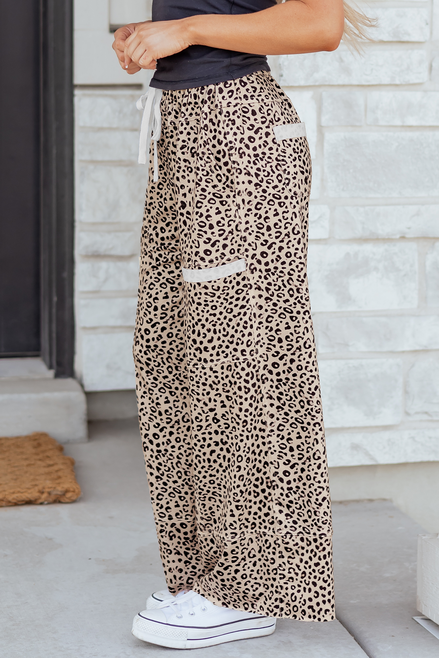 Khaki Animal Print Wide Leg Terry Knit Pants view 6