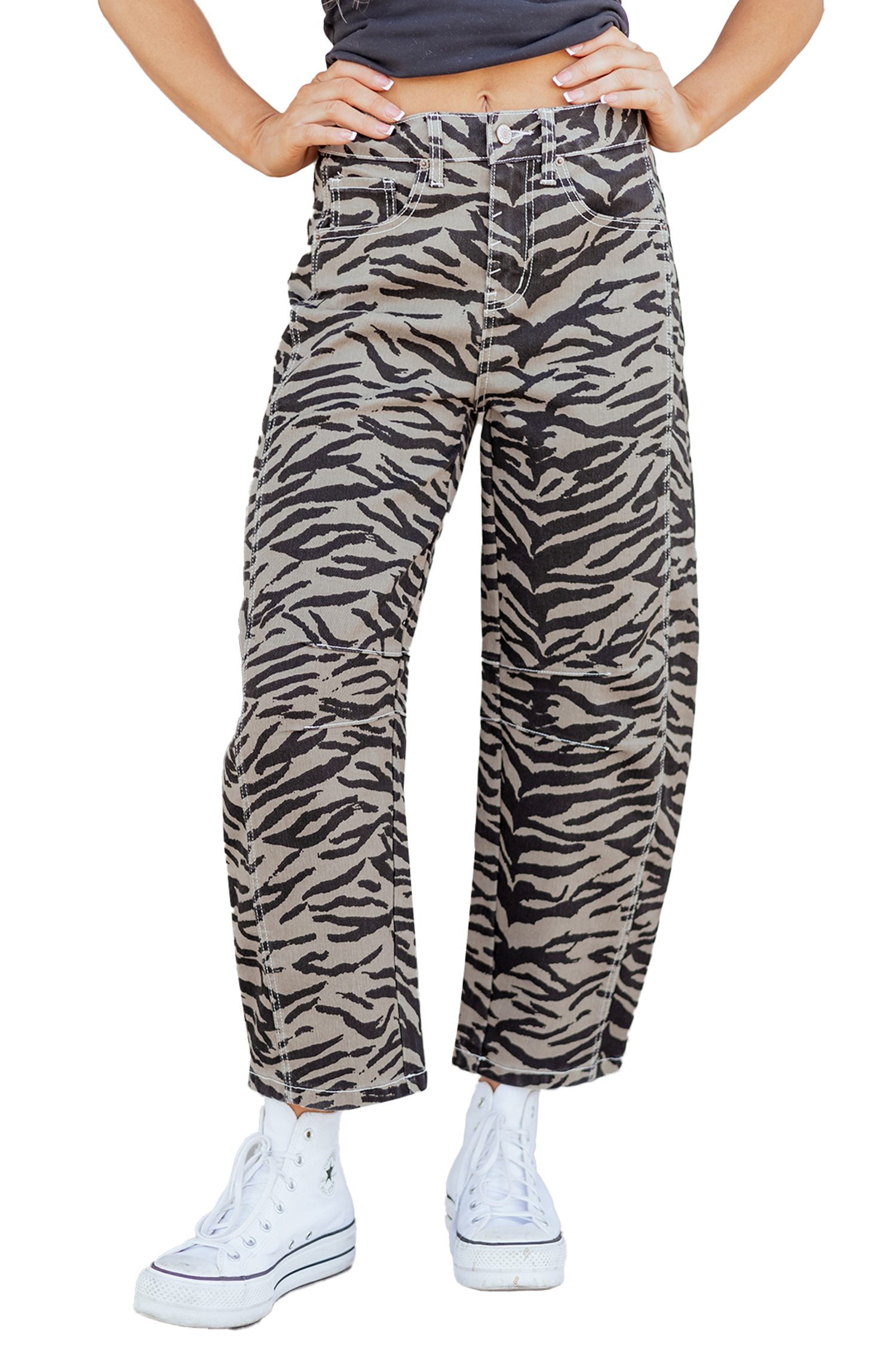 Gray Zebra Stripe Printed Wide Leg Barrel Jeans view 27