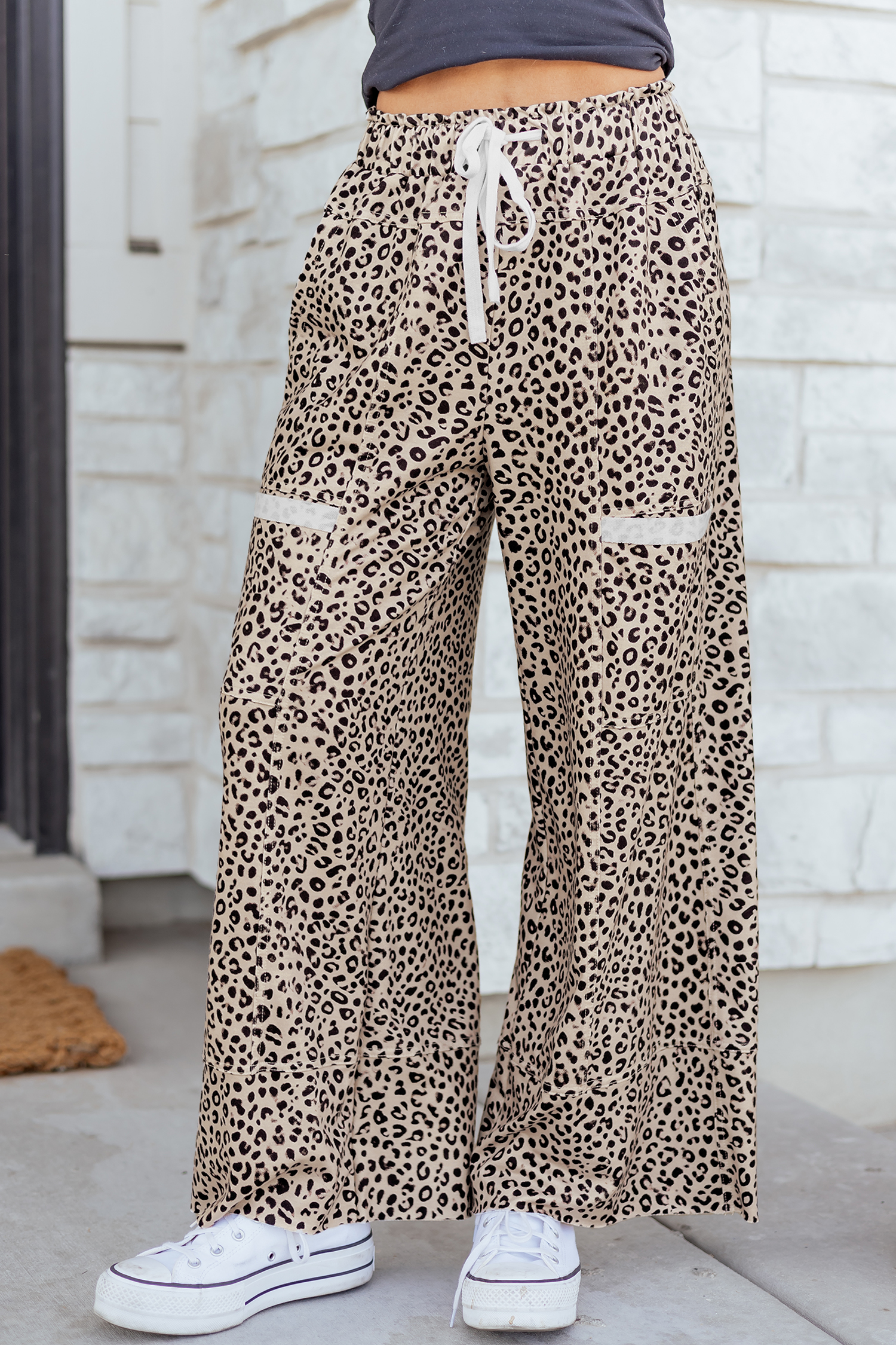 Khaki Animal Print Wide Leg Terry Knit Pants view 3
