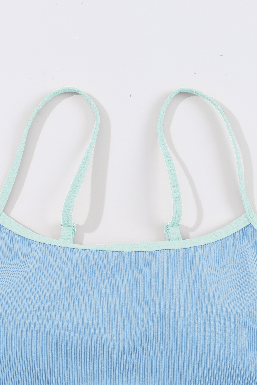 Beau Blue Stylish Ribbed Contrast Trim Spaghetti Straps 2pcs Bikini Swimsuit