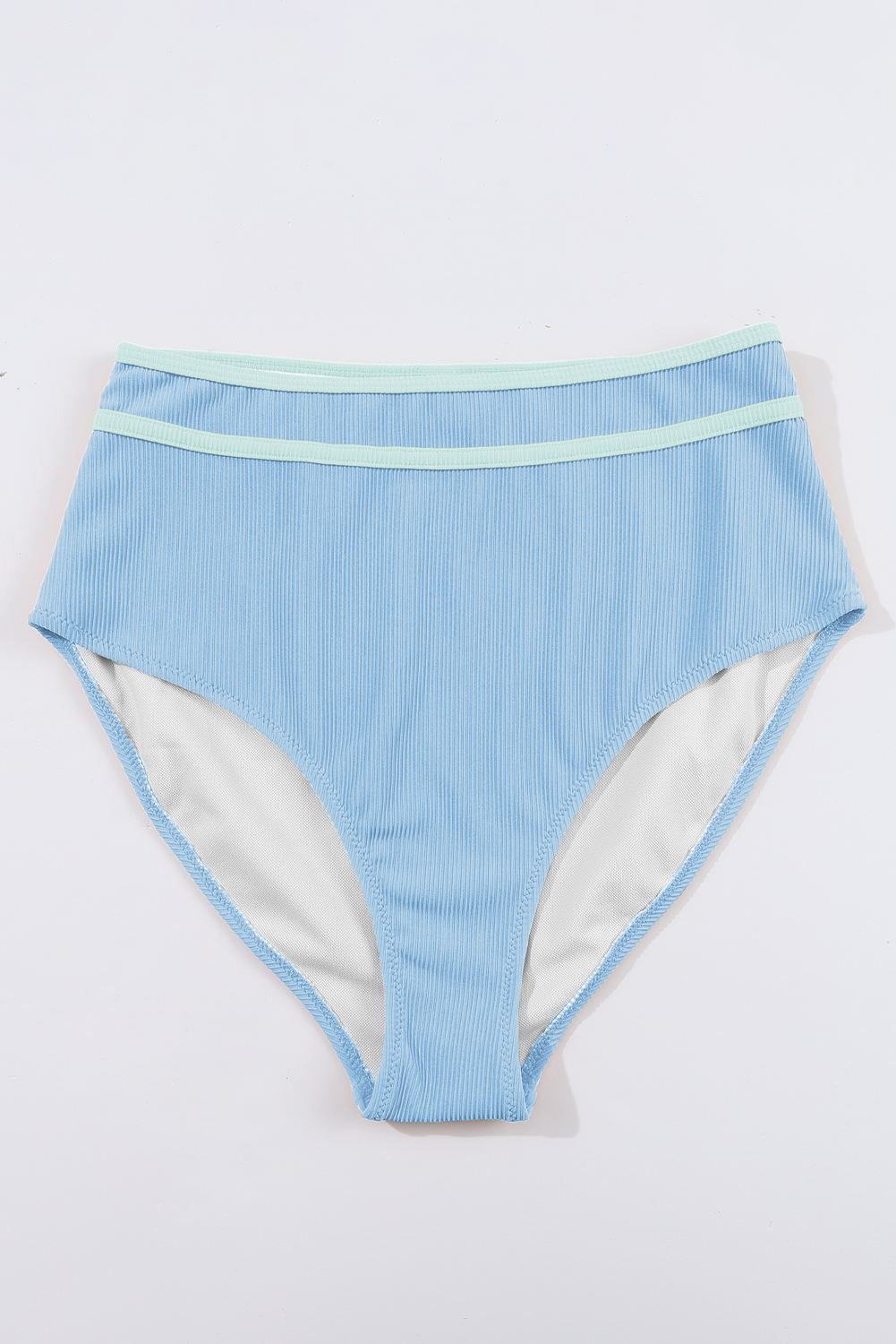 Beau Blue Stylish Ribbed Contrast Trim Spaghetti Straps 2pcs Bikini Swimsuit