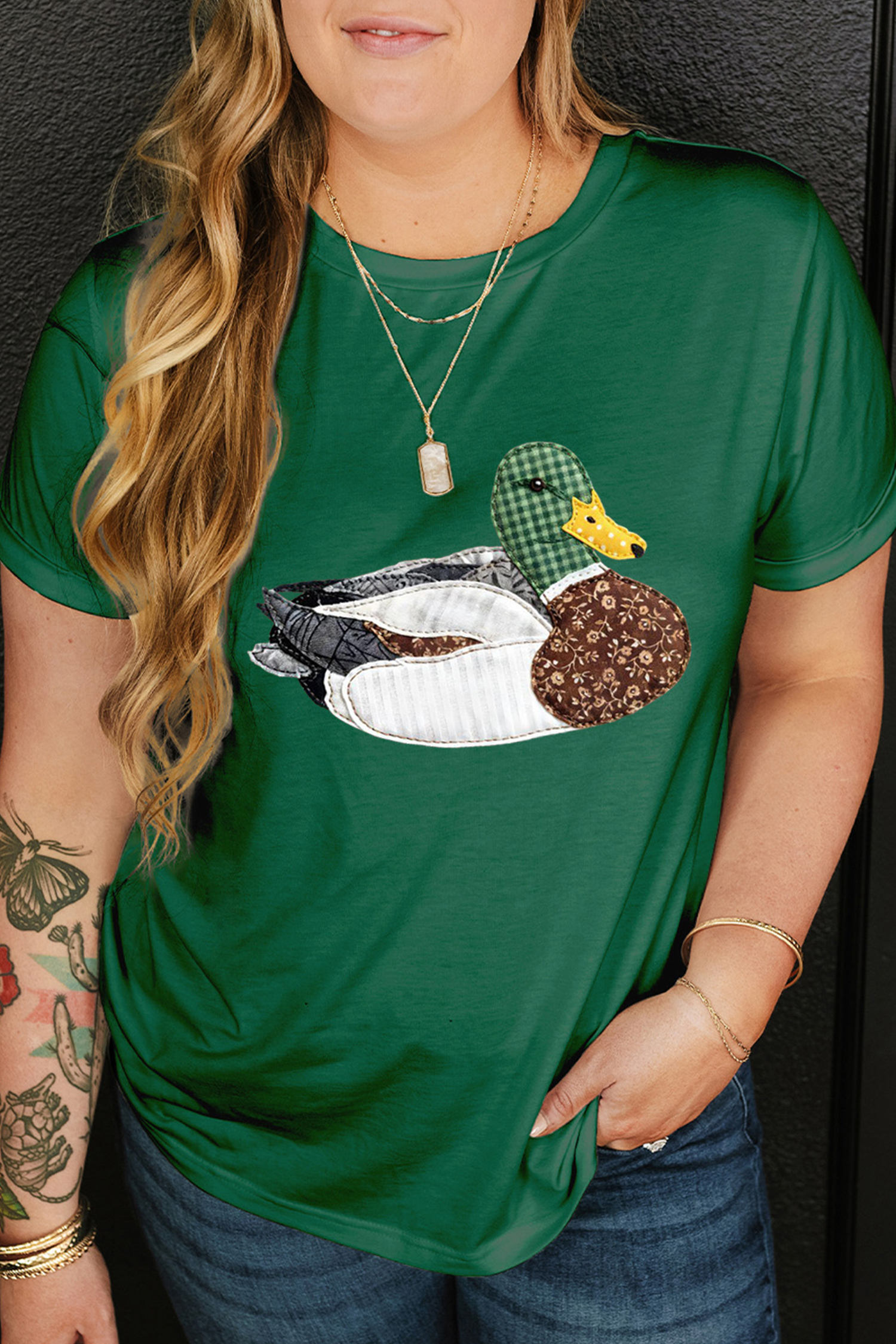 Dark Green Faux Patchwork Mallard Duck Plus Size Graphic Tee
