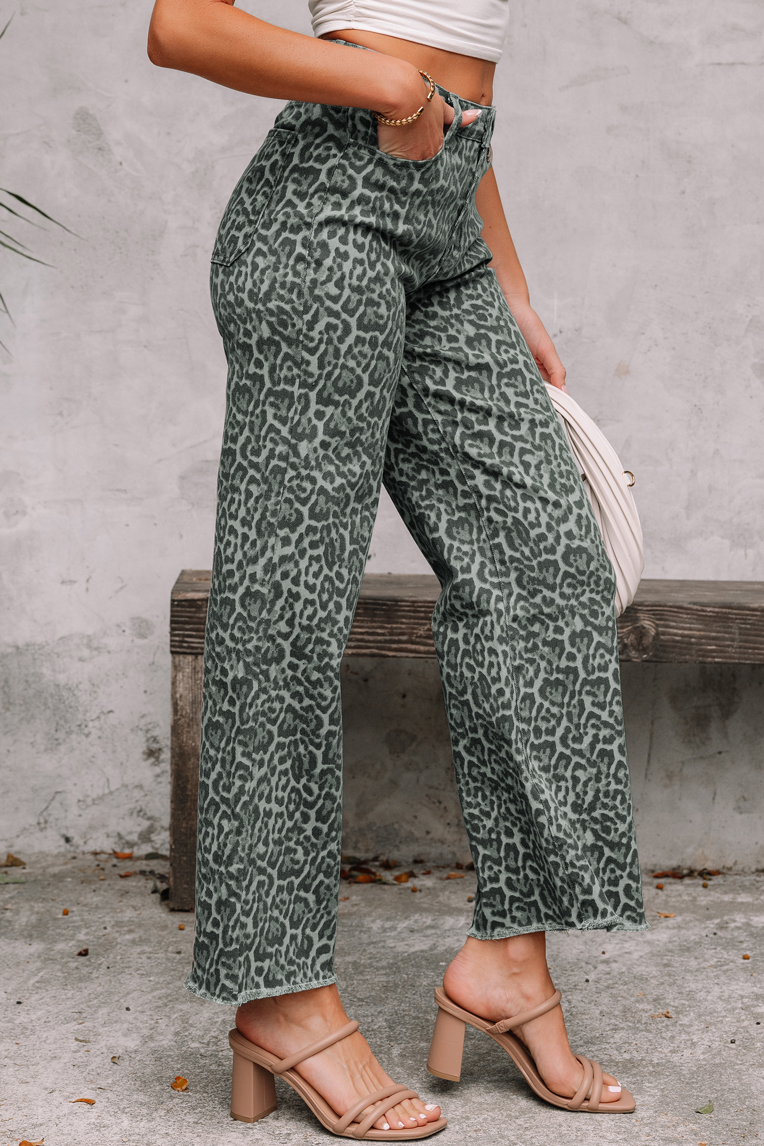 Gray Leopard Frayed Edge Wide Leg High Waist Jeans view 3