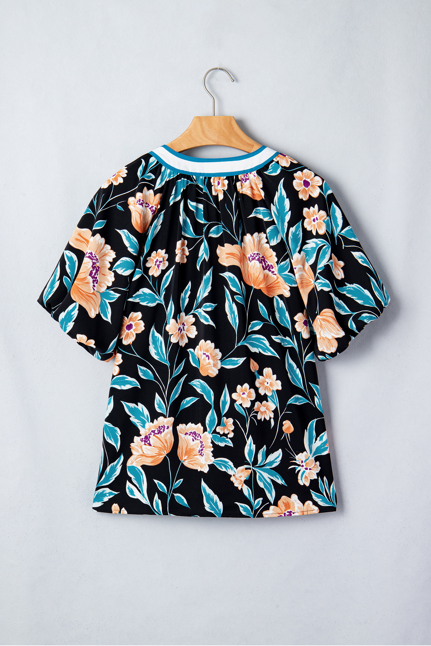 Black Floral Short Bubble Sleeve Buttoned Notched Neck Blouse