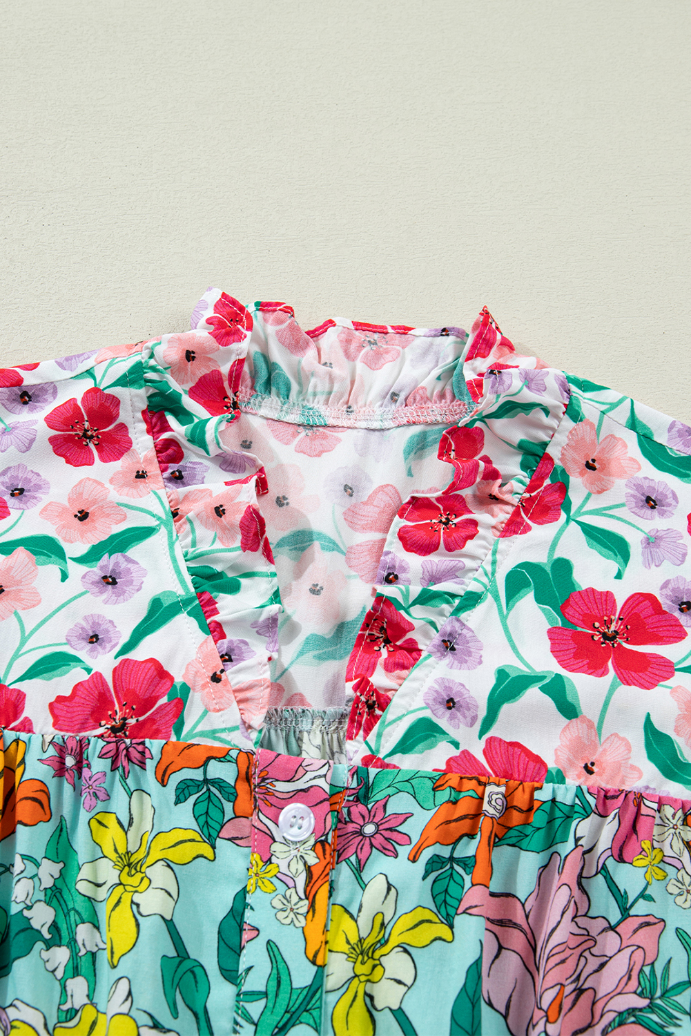 Sky Blue Floral Print Split Neck Button Front Flutter Sleeve Blouse view 17
