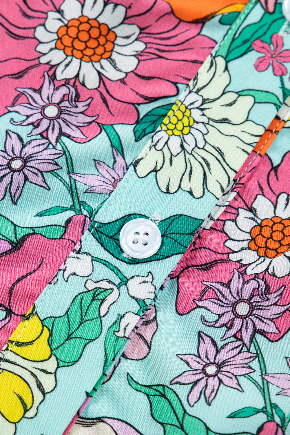 Sky Blue Floral Print Split Neck Button Front Flutter Sleeve Blouse view 18