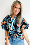 Black Floral Short Bubble Sleeve Buttoned Notched Neck Blouse