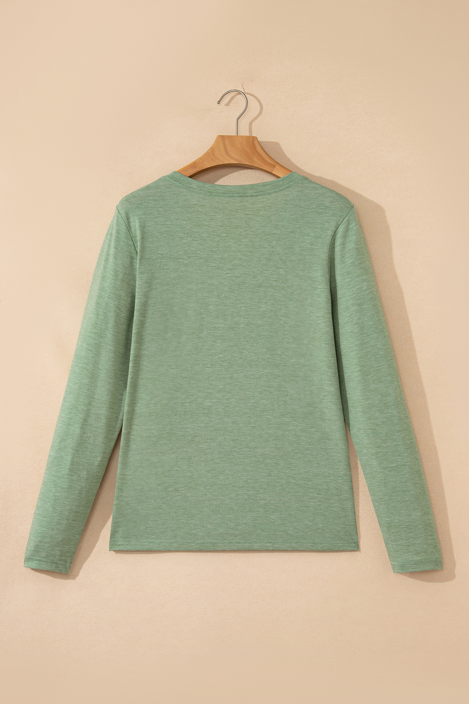 Grass Green Solid Color V Neck Long Sleeve Stretchy Top view 13