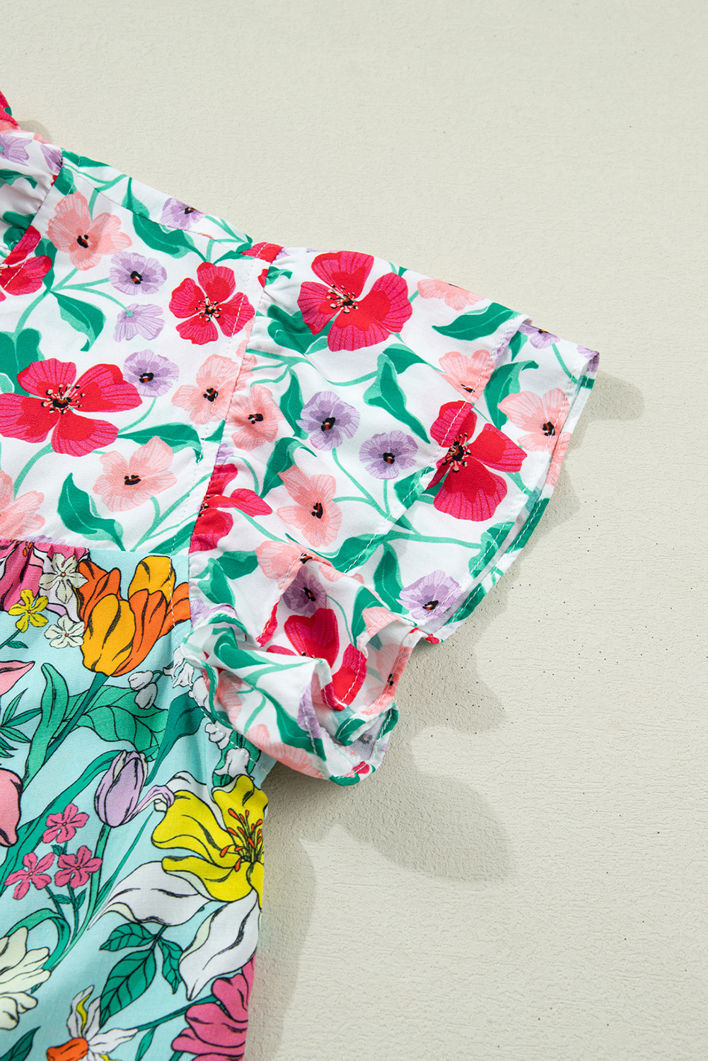 Sky Blue Floral Print Split Neck Button Front Flutter Sleeve Blouse view 19