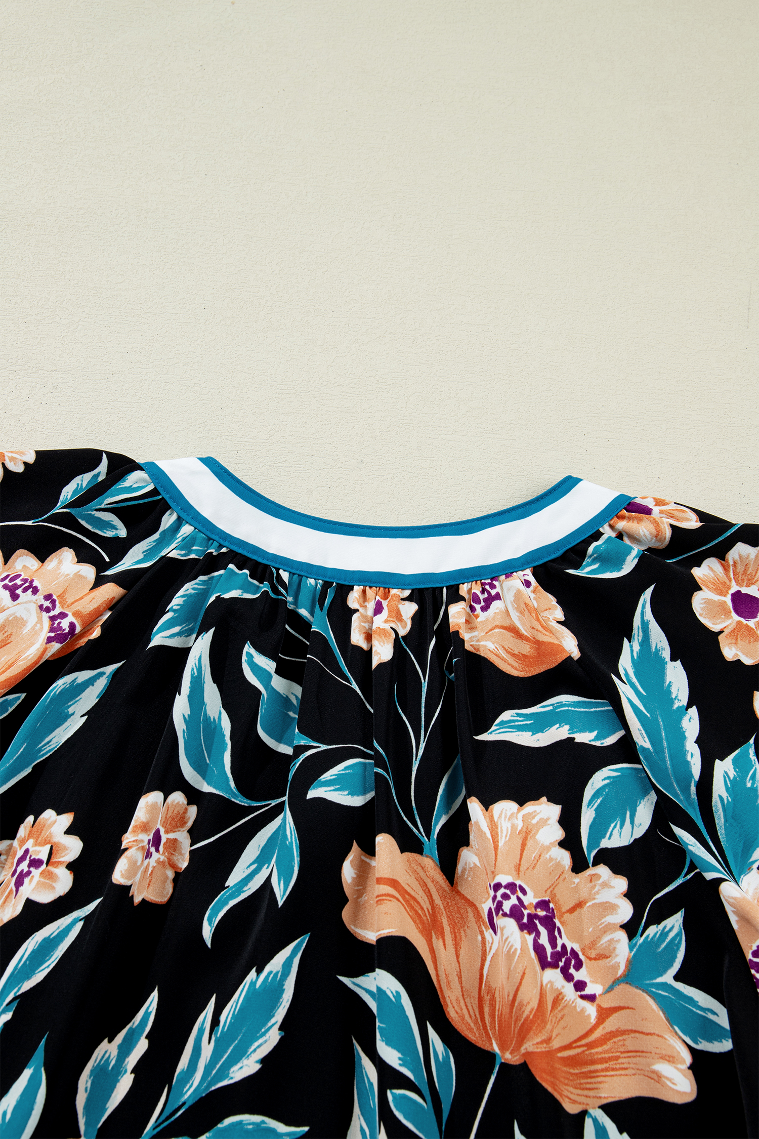 Black Floral Short Bubble Sleeve Buttoned Notched Neck Blouse