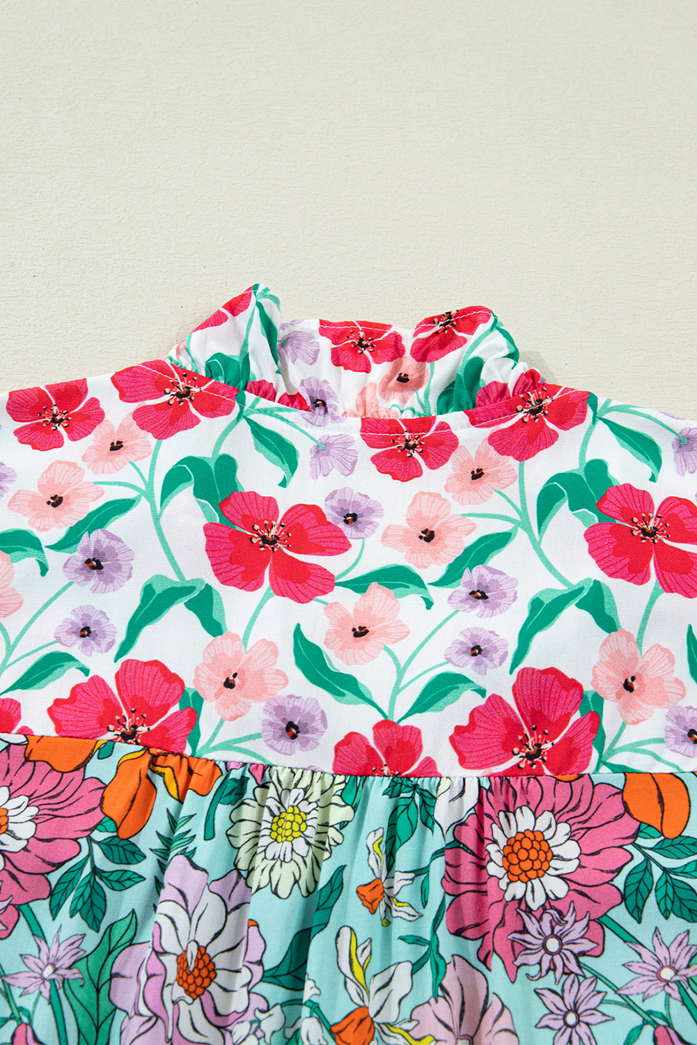 Sky Blue Floral Print Split Neck Button Front Flutter Sleeve Blouse view 21